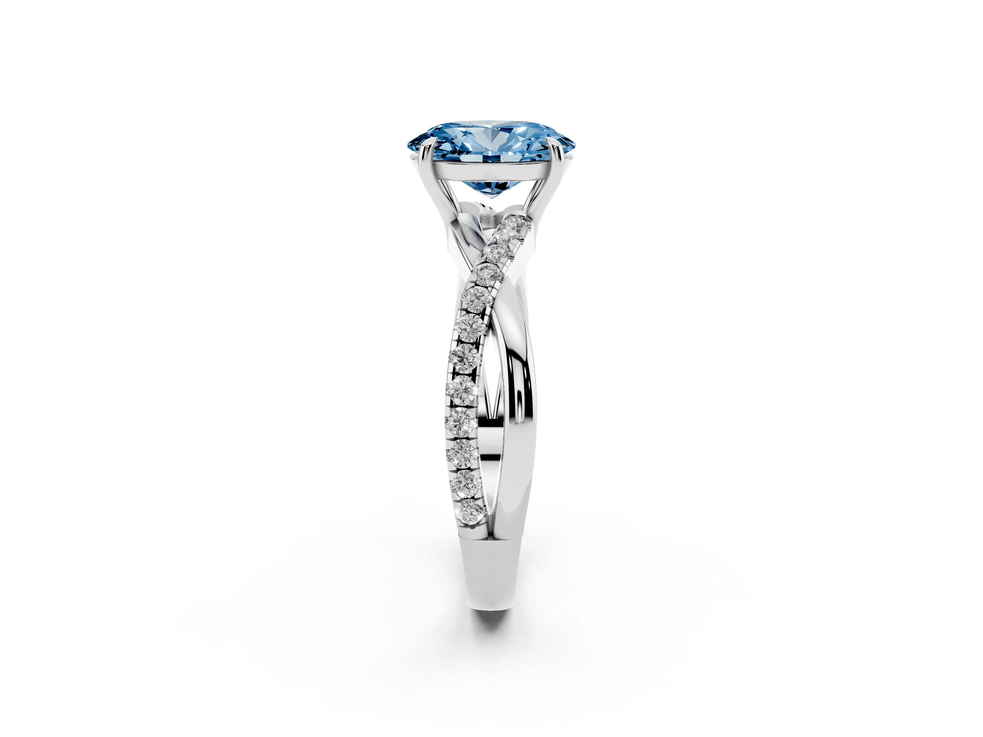 Fancy Blue Oval Cut Diamond Twisted Pavé Band Ring Set in Silver with Prong Setting
