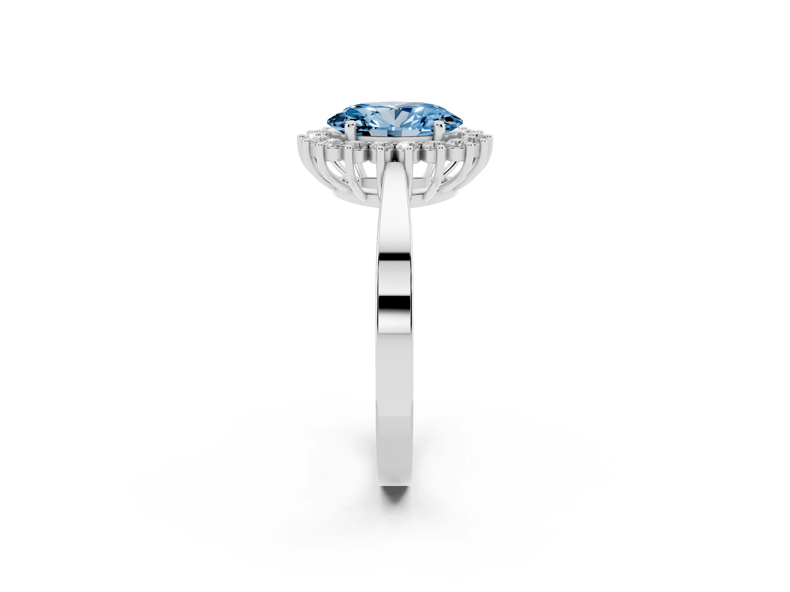 Fancy Blue Oval Cut Diamond Halo Ring Set in White gold with Round Halo and Smooth Solitaire Band