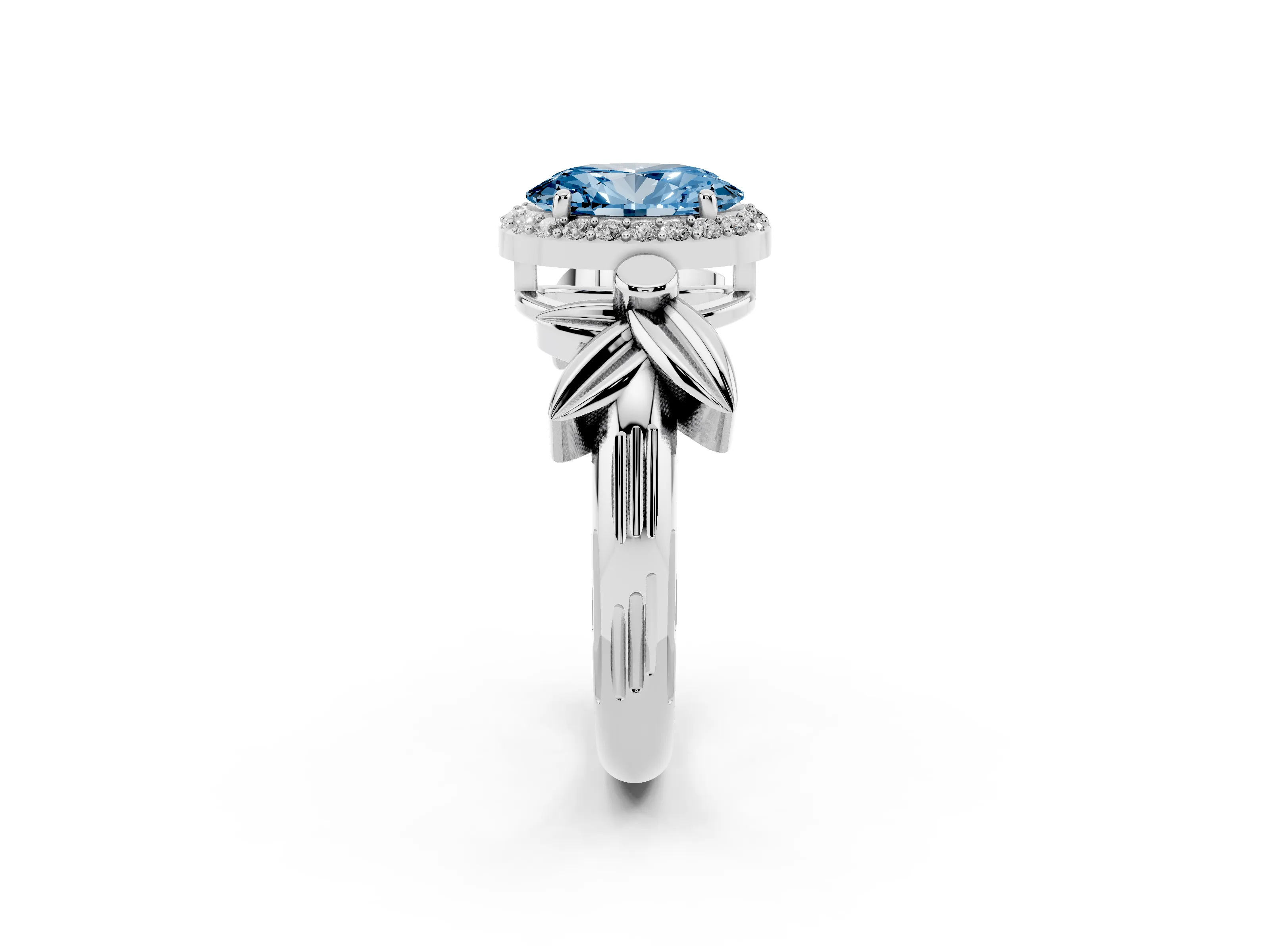 Fancy Blue Oval Cut Diamond Halo Floral Band Ring Set in Platinum with Prong Setting