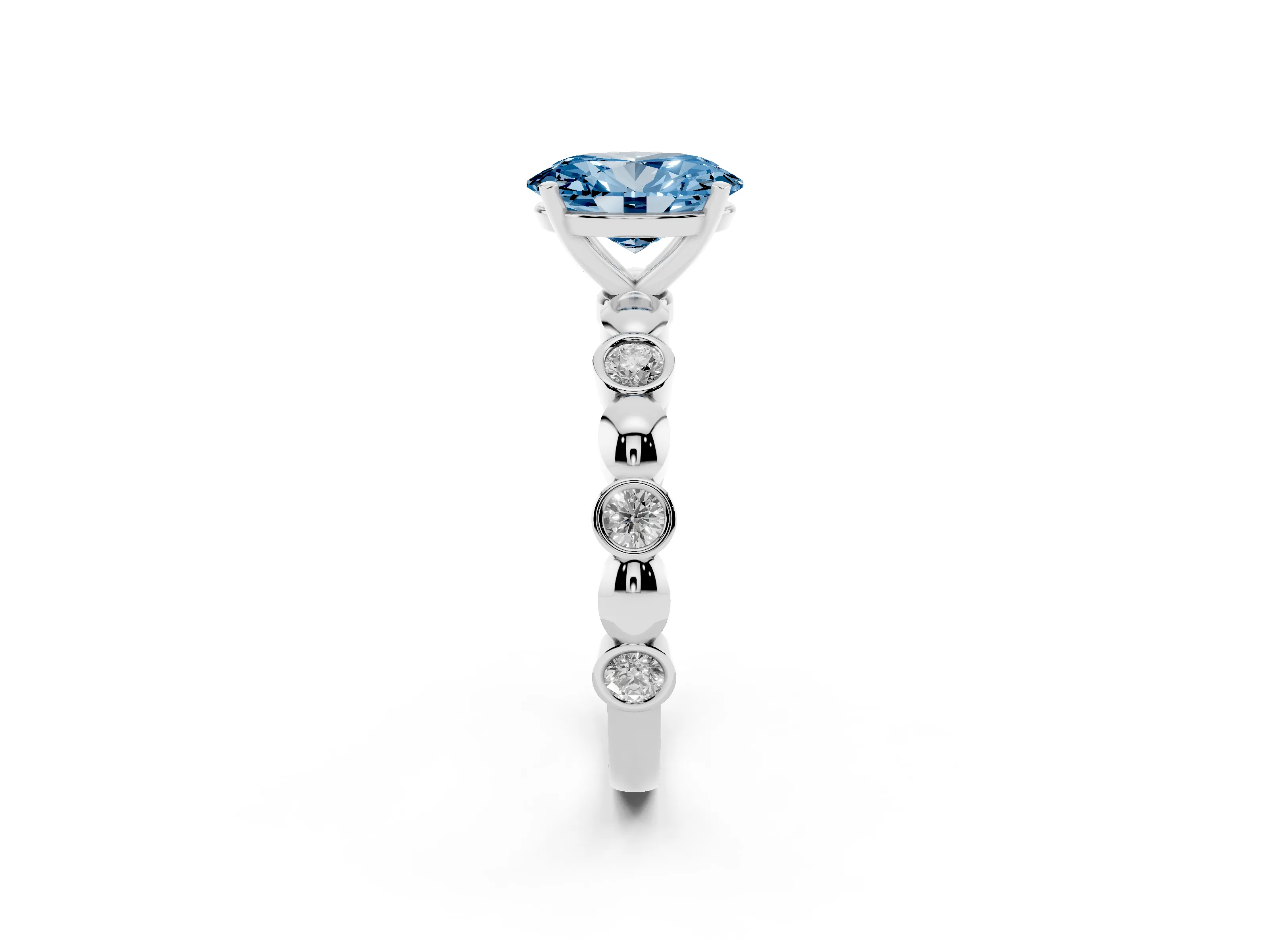 Fancy Blue Oval Cut Diamond Solitaire Ring Set in Platinum with Bezel-Set Accents on Beaded Band and Prong Setting