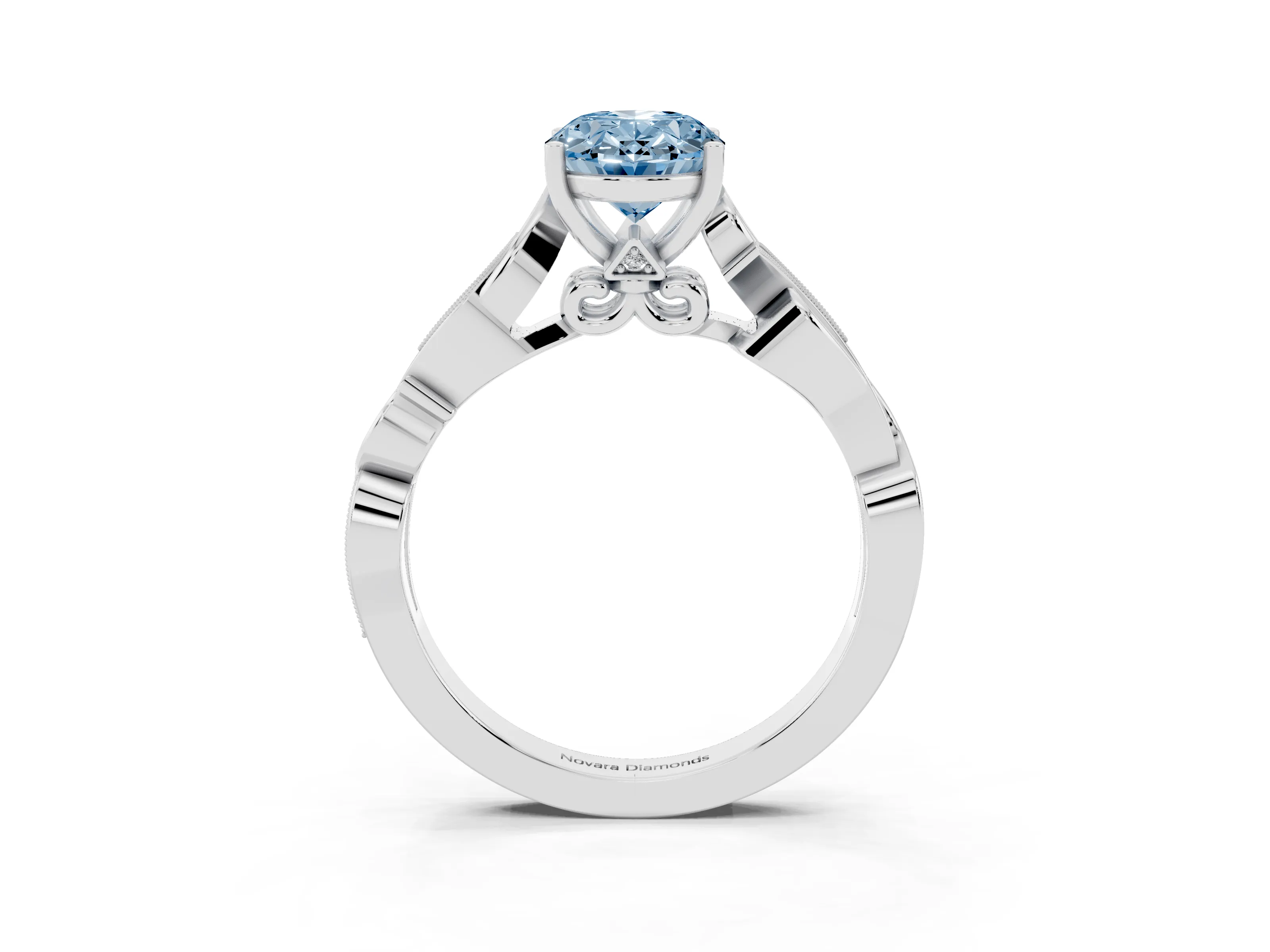 Fancy Blue Oval Cut Diamond Vine Band Solitaire Ring Set in Silver with Milgrain Prong Setting