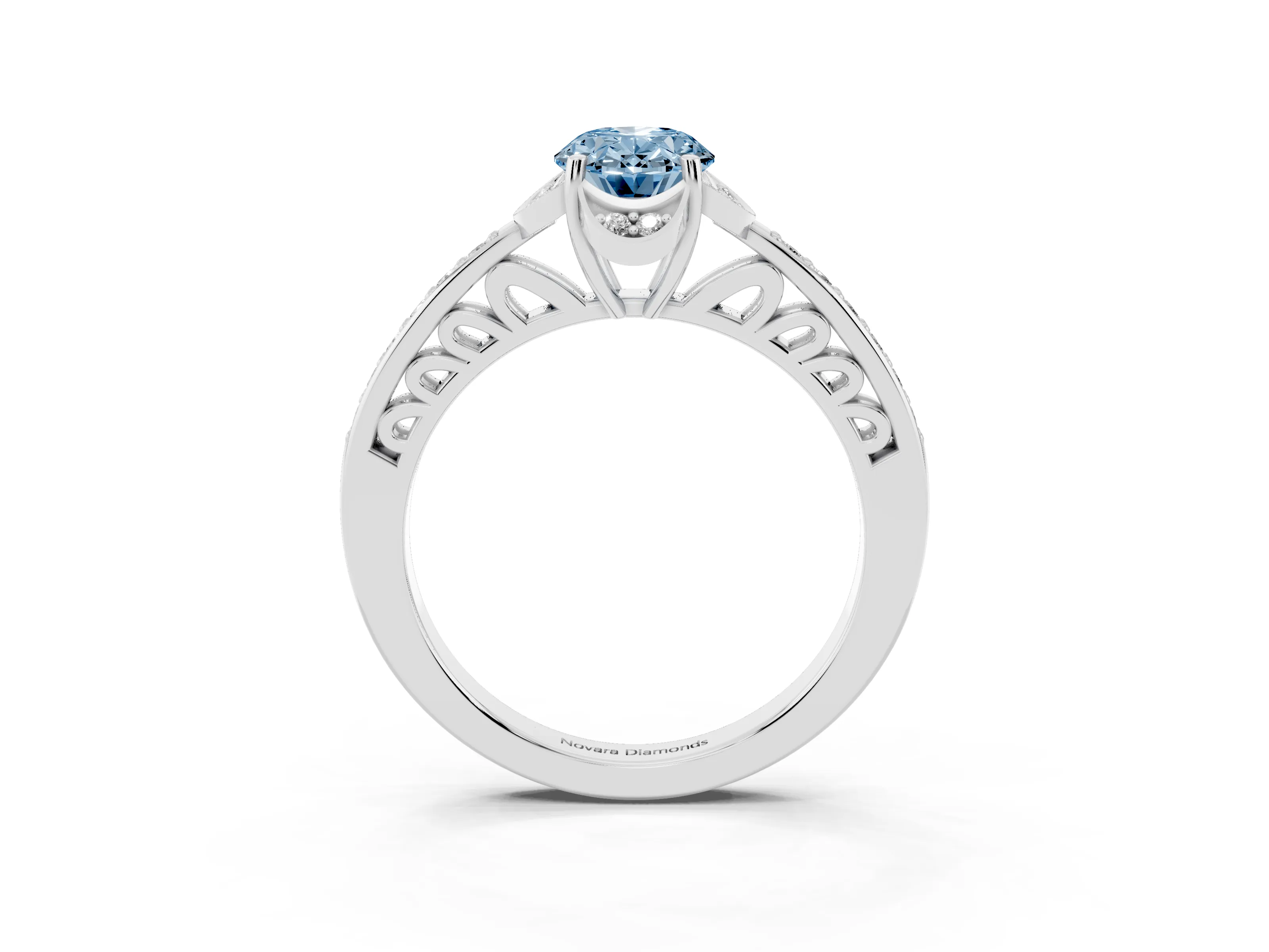 Fancy Blue Oval Cut Diamond Halo Ring Set in Silver with Channel Set Band and Prong Setting