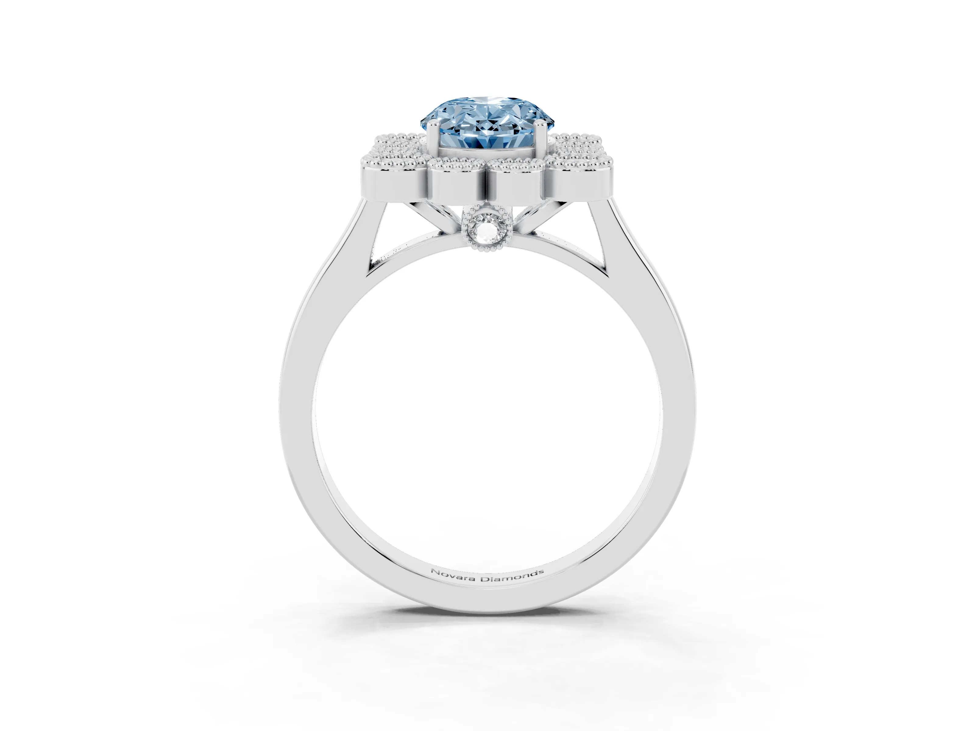 Fancy Blue Oval Cut Diamond Cluster Halo Ring Set in White gold with Milgrain Bezel Accents and Plain Band
