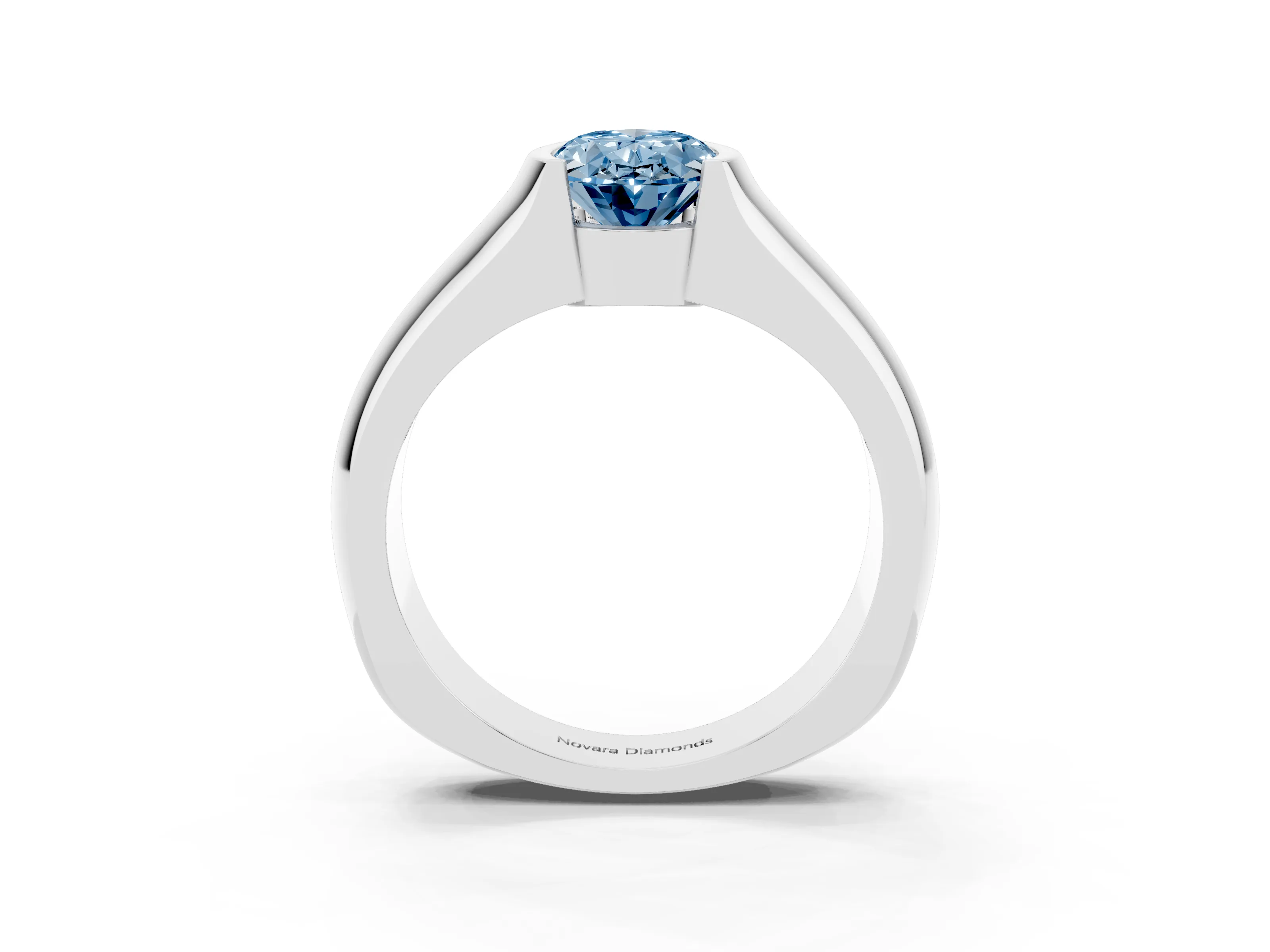 Fancy Blue Oval Cut Diamond Bezel Solitaire Ring Set in White gold with Wide Band