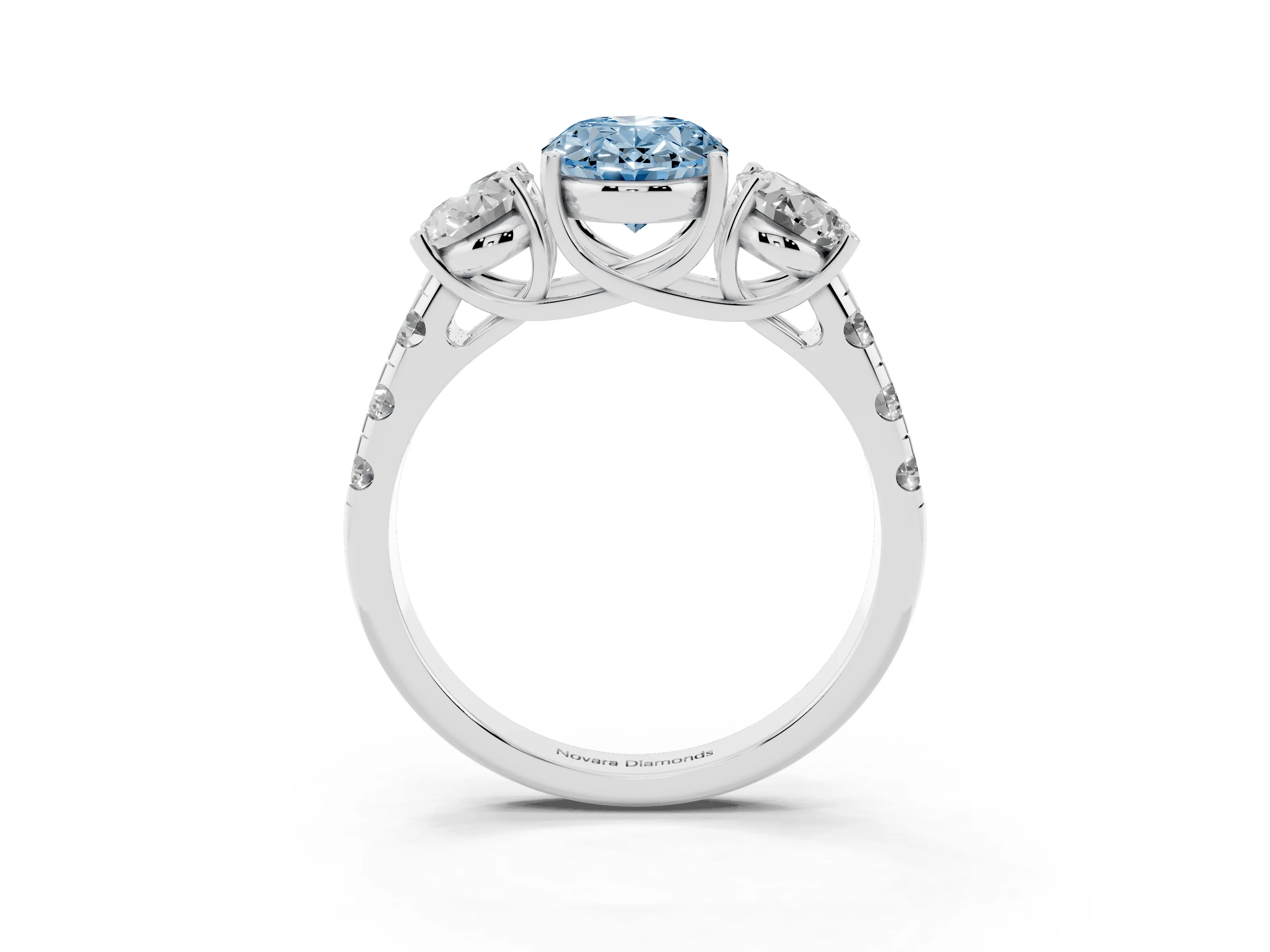Fancy Blue Oval Cut Diamond Three-Stone Ring Set in Platinum with Pavé Band