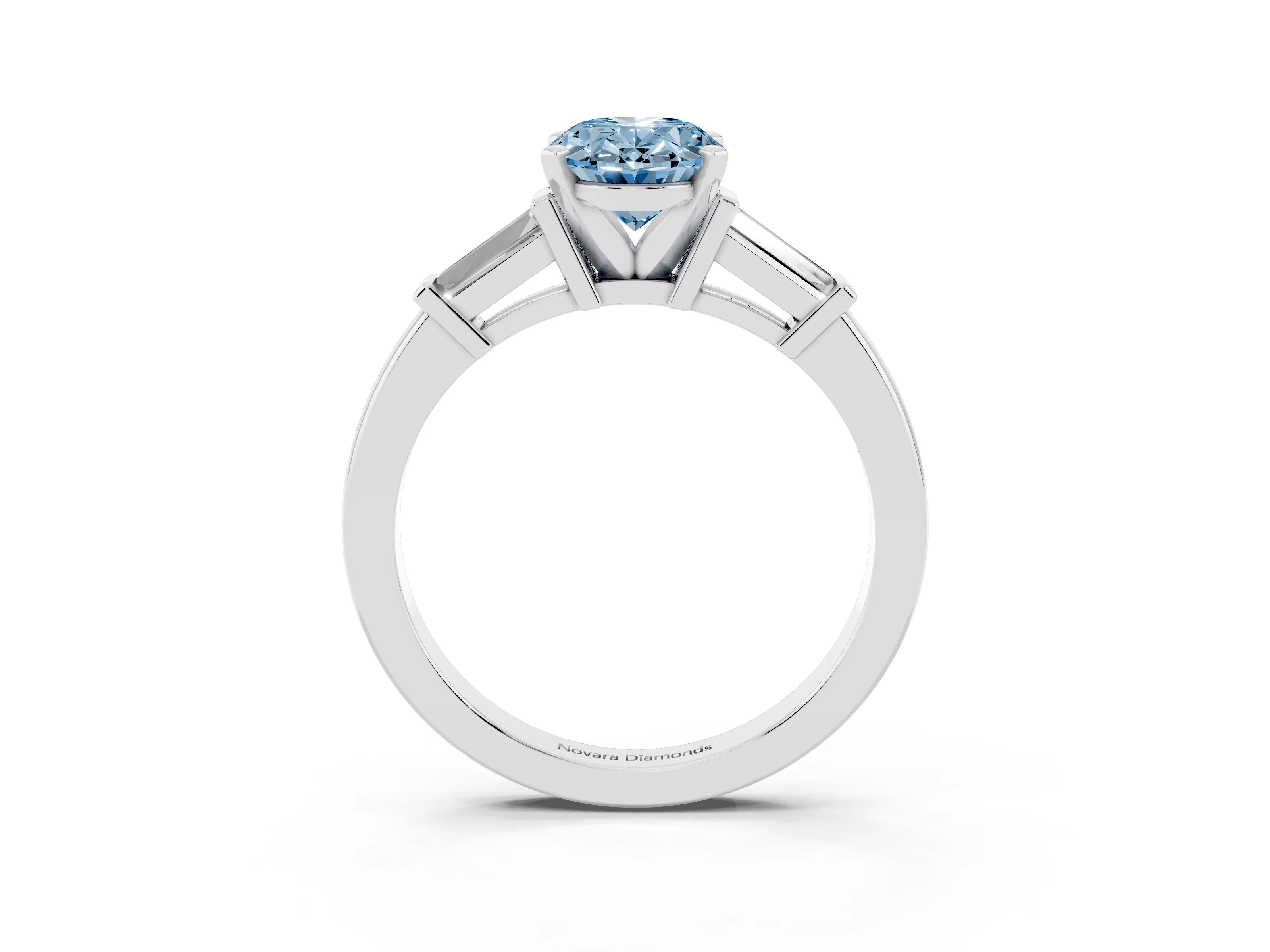 Fancy Blue Oval Cut Diamond Solitaire Ring Set in White gold with Tapered Baguette Accents and Prong Setting