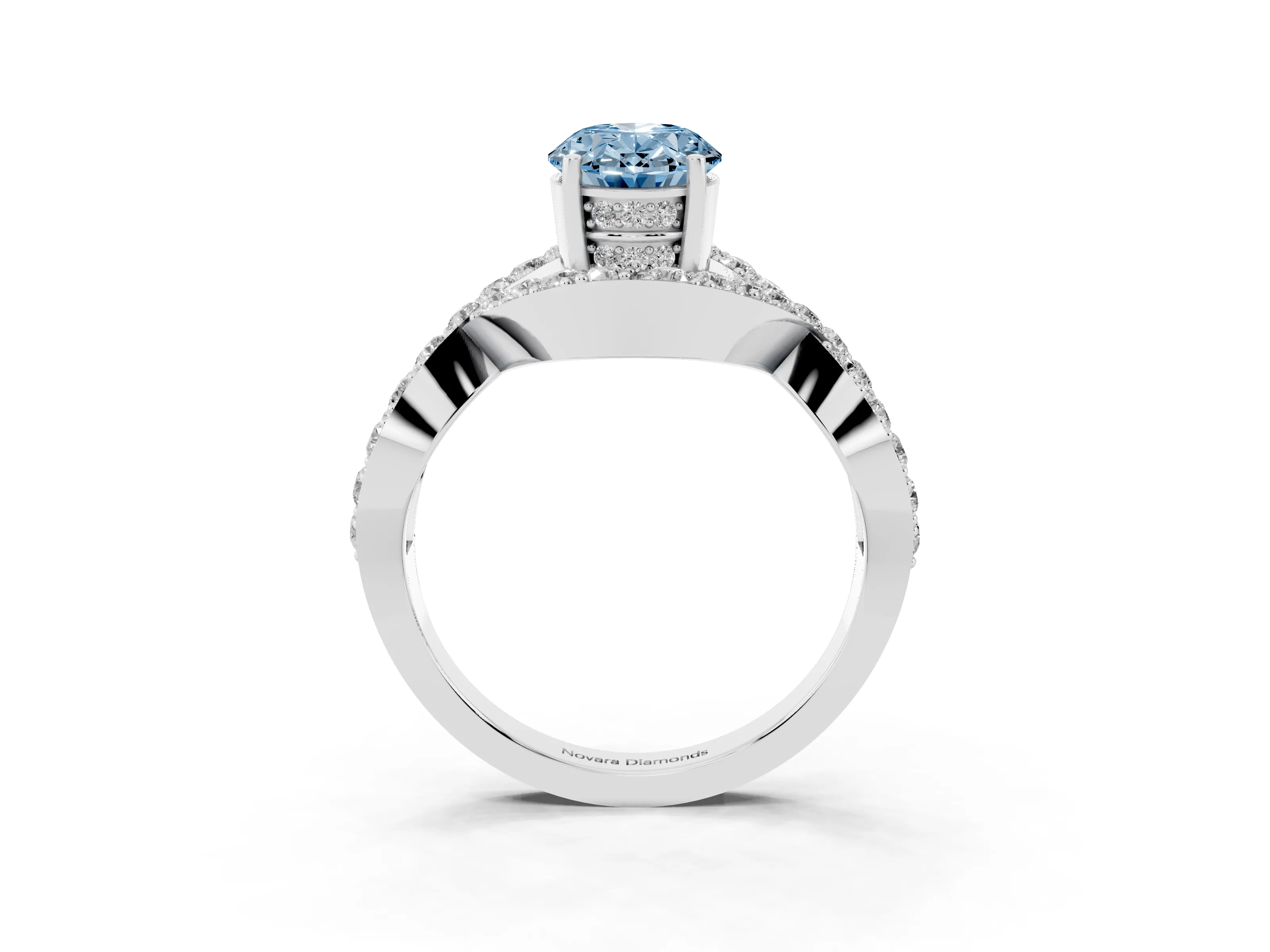 Fancy Blue Oval Cut Diamond Solitaire Twist Band Pavé Engagement Ring Set in Platinum