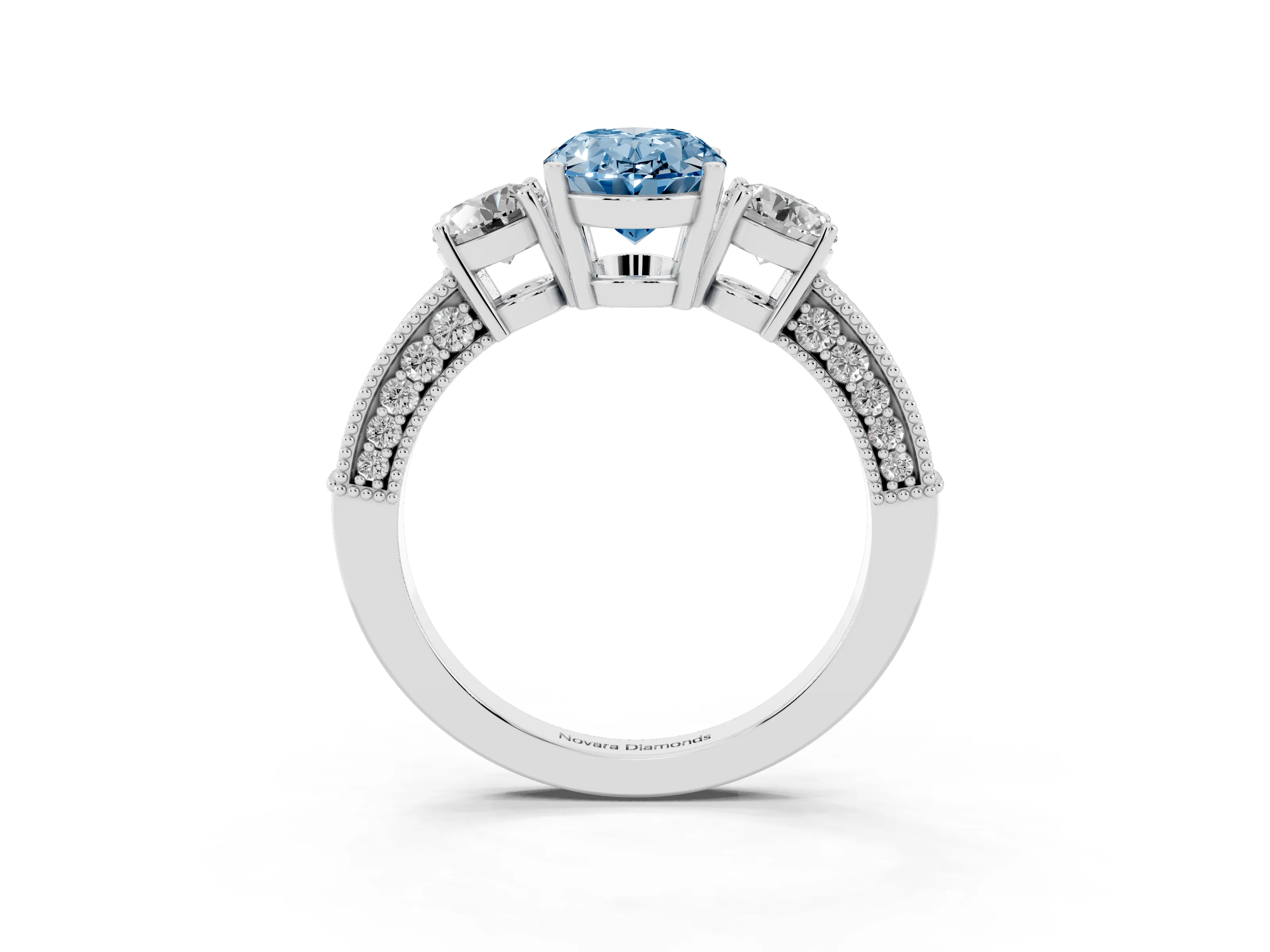 Fancy Blue Oval Cut Diamond Three-Stone Ring Set in Silver with Round Side Stones and Pavé Band