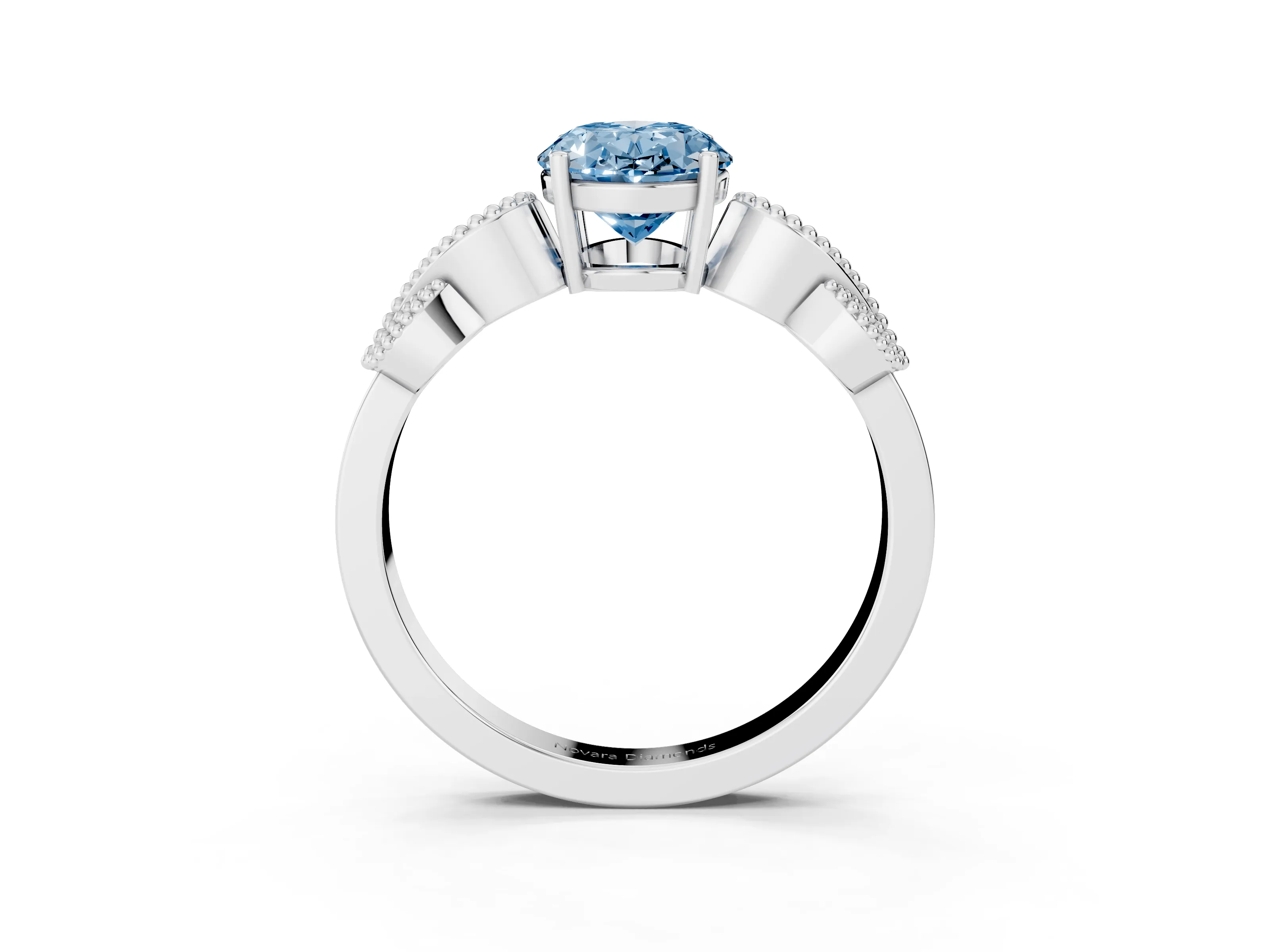 Fancy Blue Oval Cut Diamond Milgrain Leaf Band Solitaire Ring Set in Platinum with Accent Stones and Prong Setting