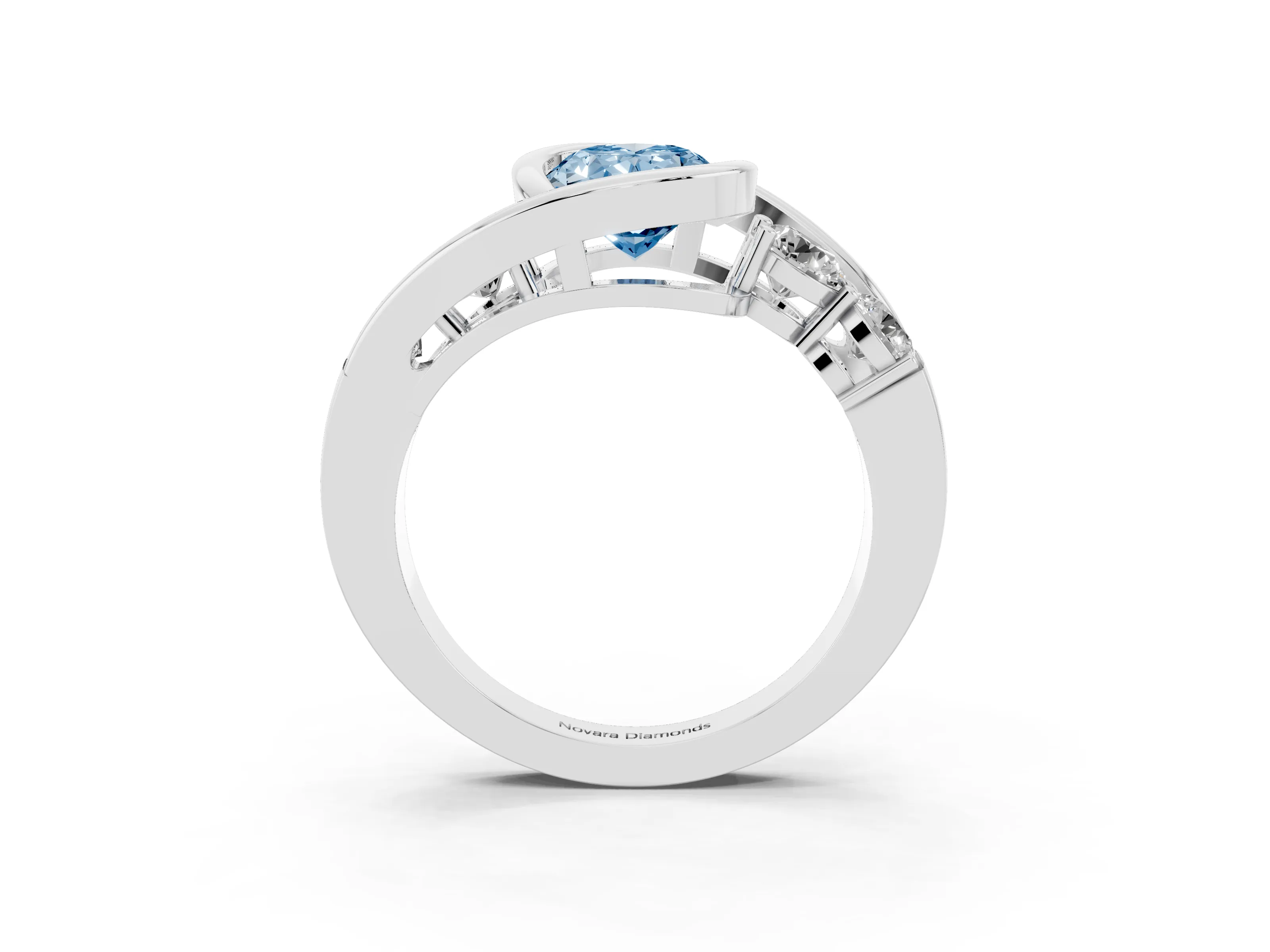 Fancy Blue Oval Cut Diamond Bezel Bypass Ring Set in Silver with Round Accents