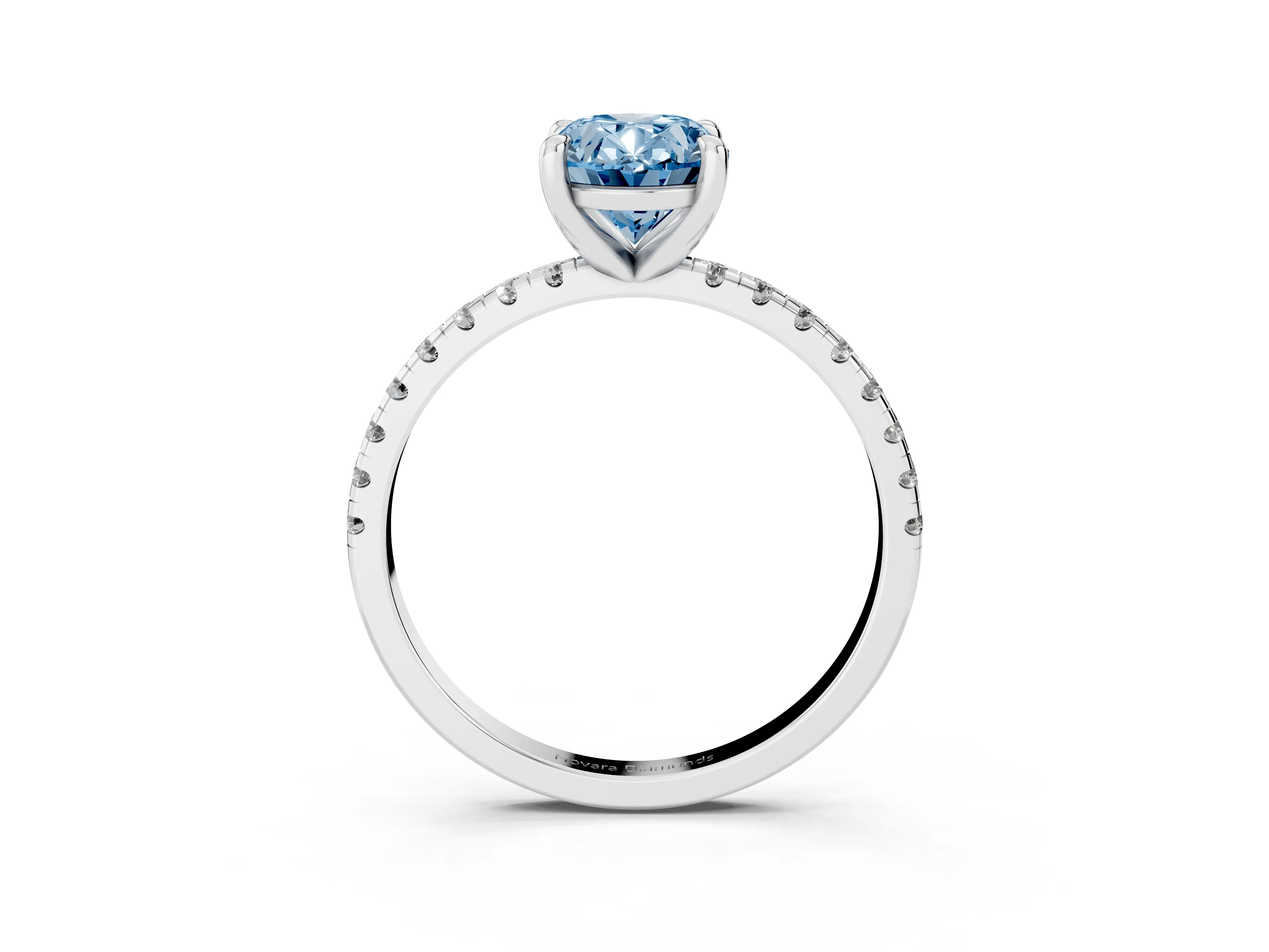 Fancy Blue Oval Cut Diamond Brilliant Solitaire Ring Set in White gold with Pavé Band and Prong Setting