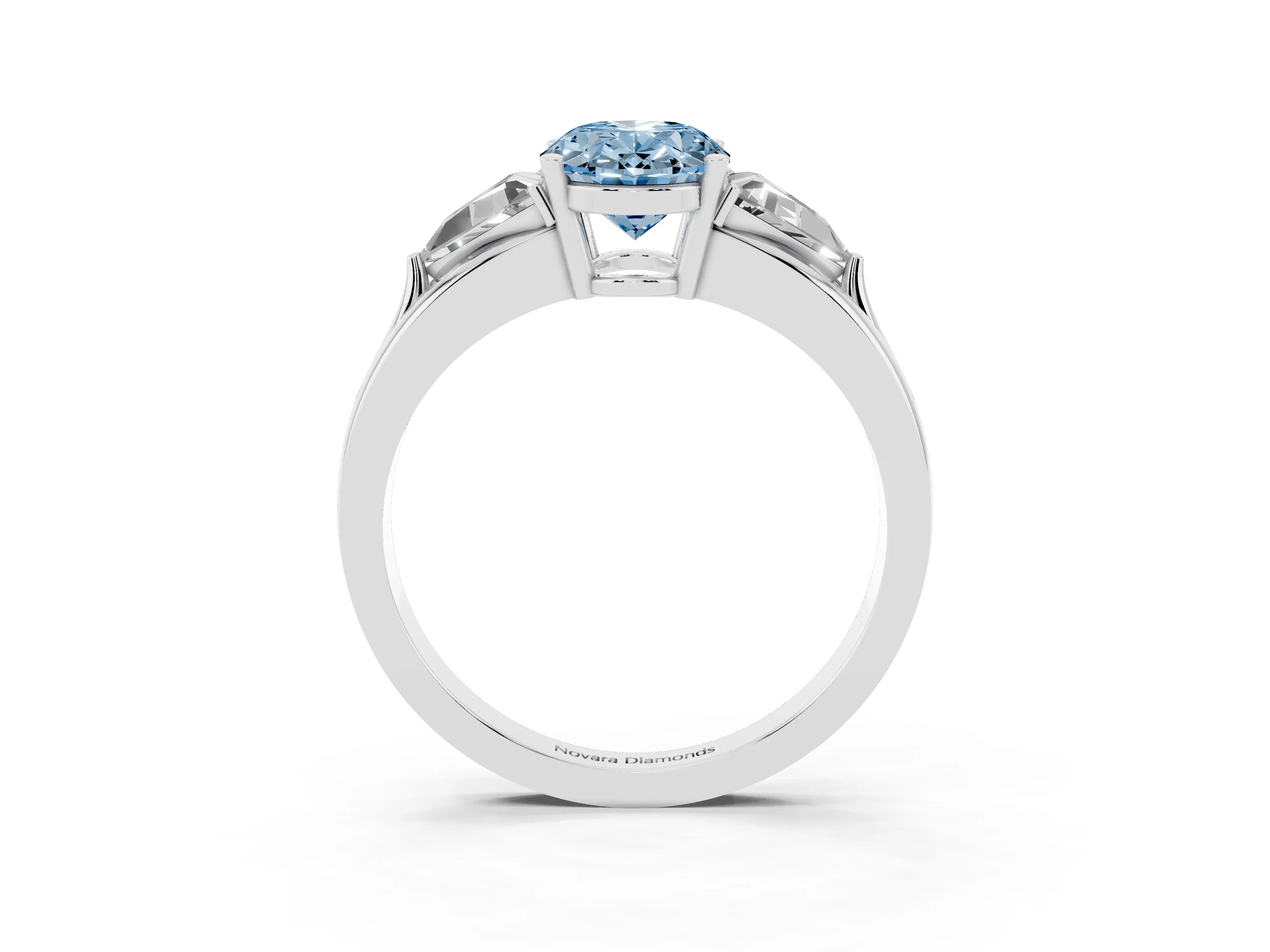 Fancy Blue Oval Cut Diamond Three-Stone Ring Set in Silver with Trillion Side Stones and Split Shank