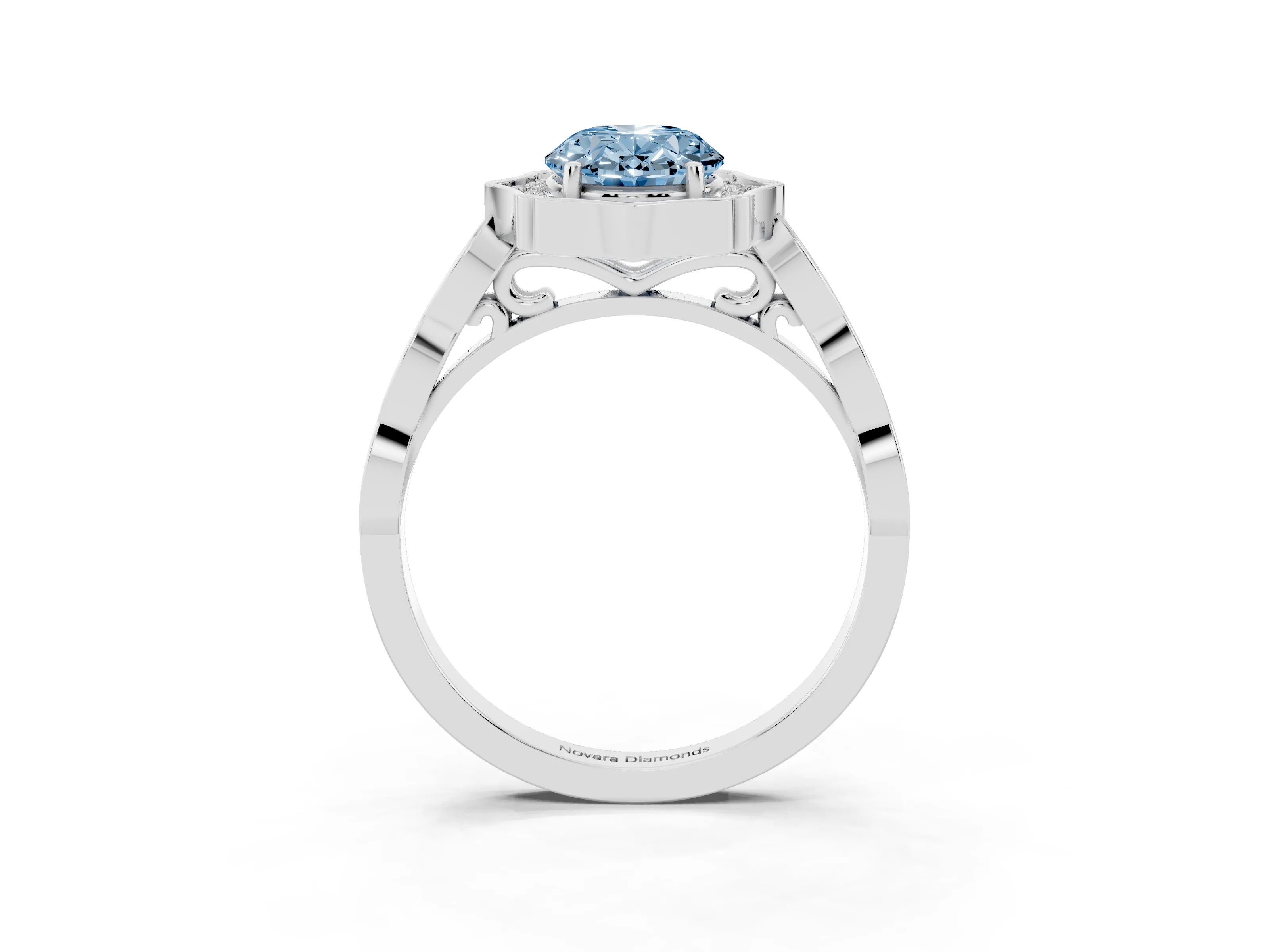 Fancy Blue Oval Cut Diamond Halo Engagement Ring Set in White gold with Milgrain Band and Prong Setting