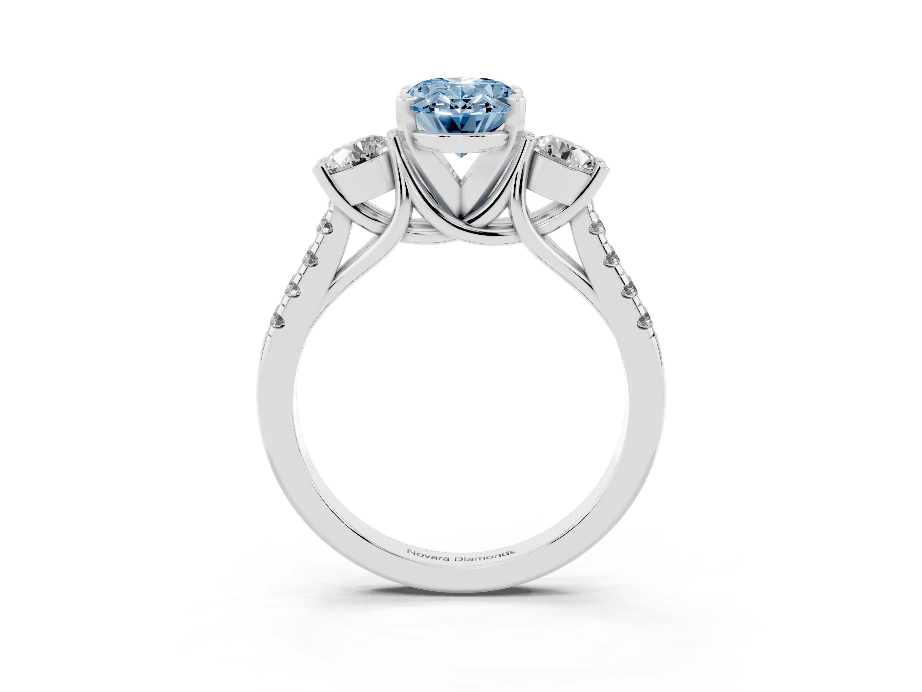 Fancy Blue Three-Stone Oval Cut Diamond Pavé Band Ring Set in Platinum with Prong-Set Trio