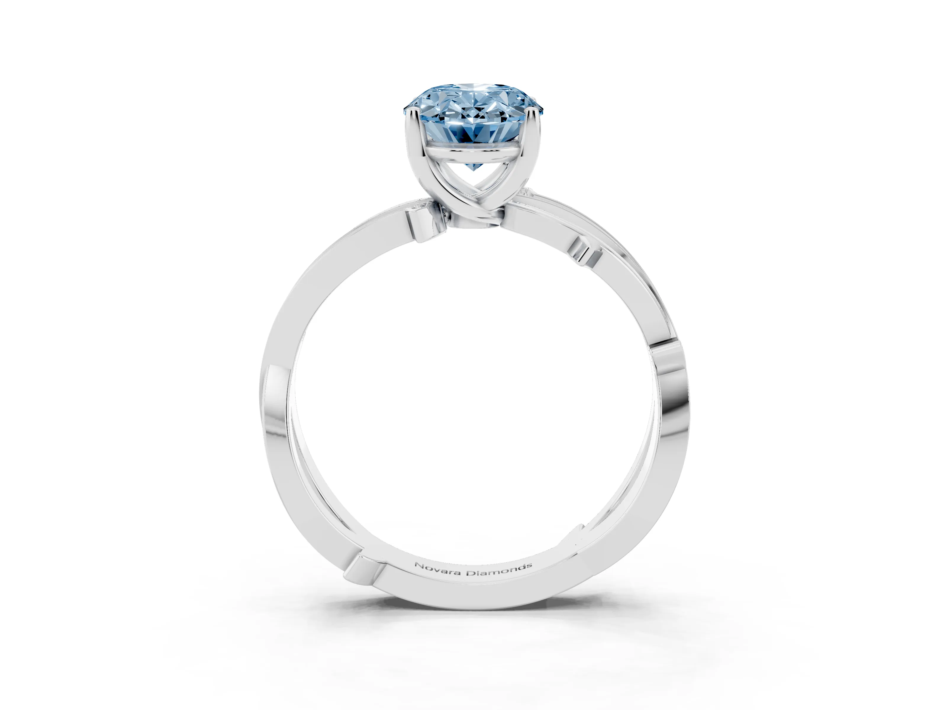 Fancy Blue Oval Cut Diamond Pavé Twist Band Solitaire Ring Set in White gold with Prong Setting