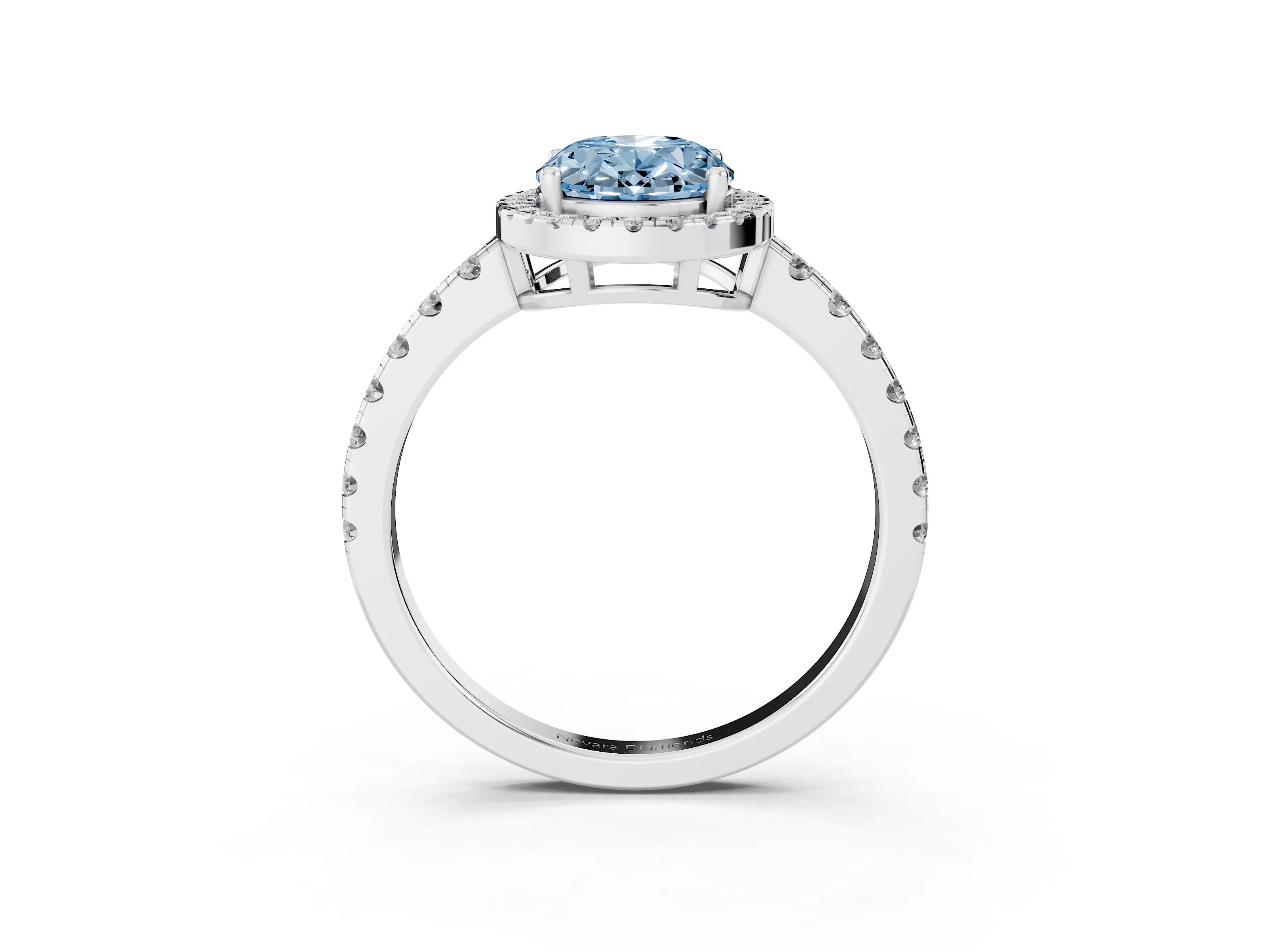 Fancy Blue Oval Cut Diamond Halo Ring Set in Silver with Delicate Pavé Band and Prong Setting