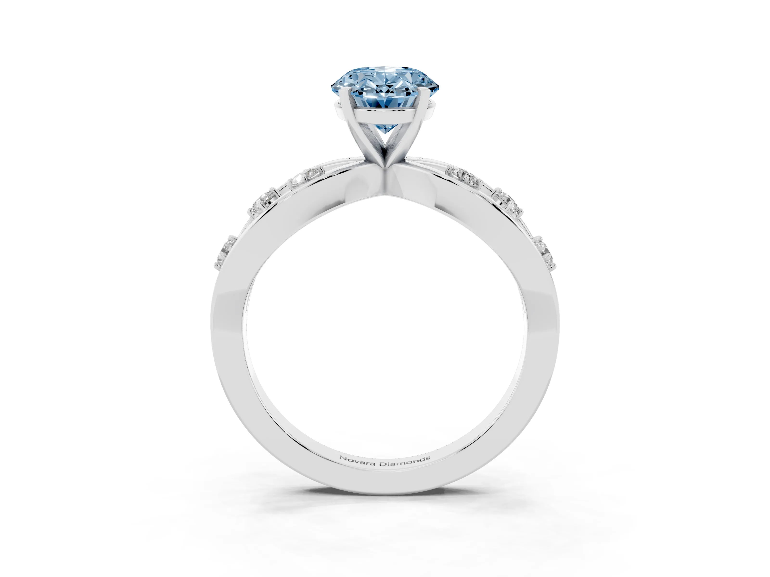 Fancy Blue Oval Cut Diamond Solitaire Ring Set in White gold with Side Stones on Criss-Cross Band and Prong Setting