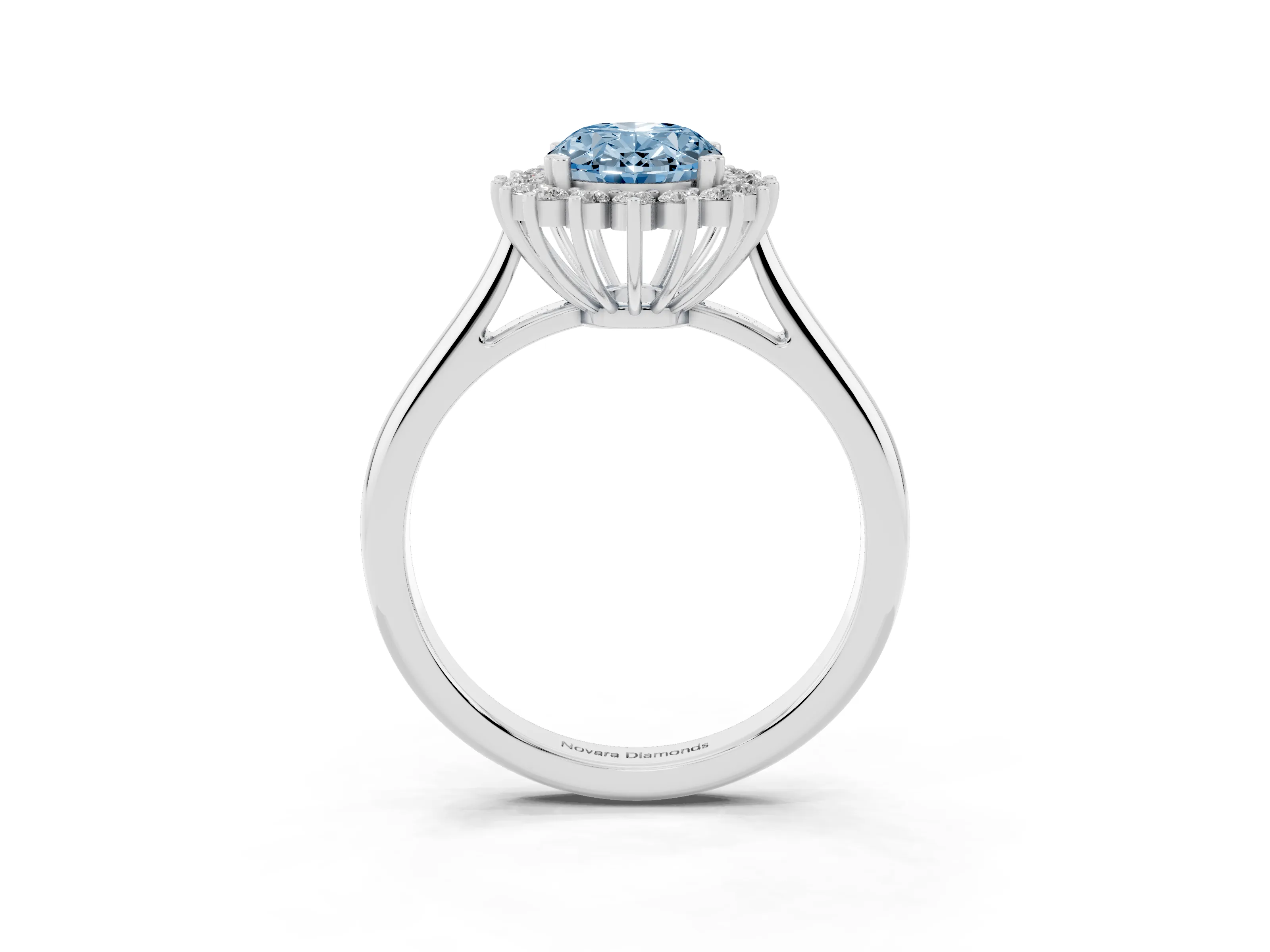 Fancy Blue Oval Cut Diamond Halo Ring Set in Silver with Plain Solitaire Band and Prong Setting
