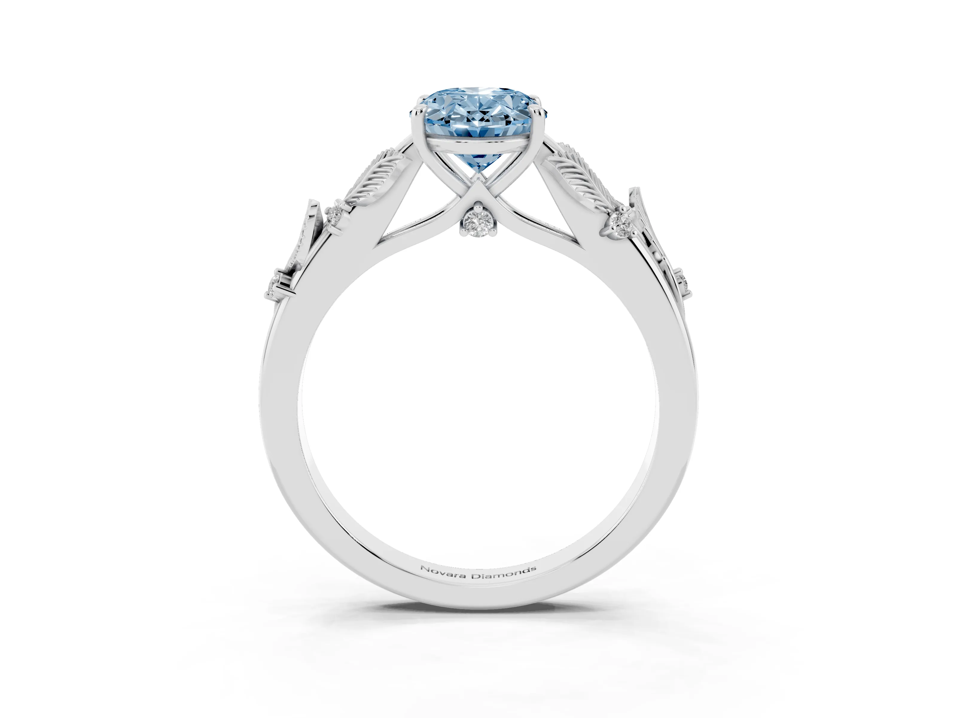 Fancy Blue Oval Cut Diamond Solitaire Ring Set in Platinum with Leaf Motif Band