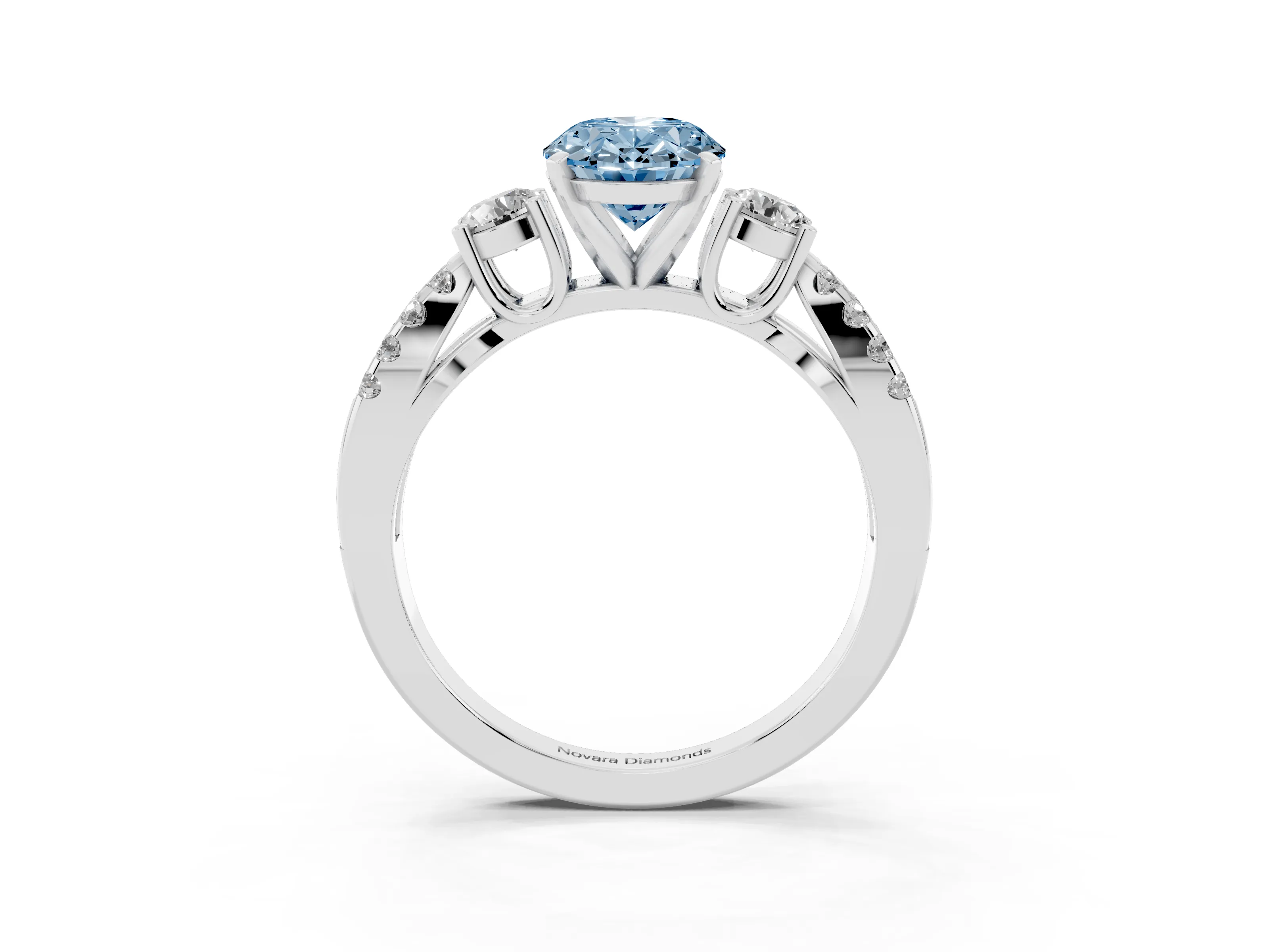 Fancy Blue Oval Cut Diamond Three-Stone Ring Set in Silver with Pavé Split Shank and Prong Setting