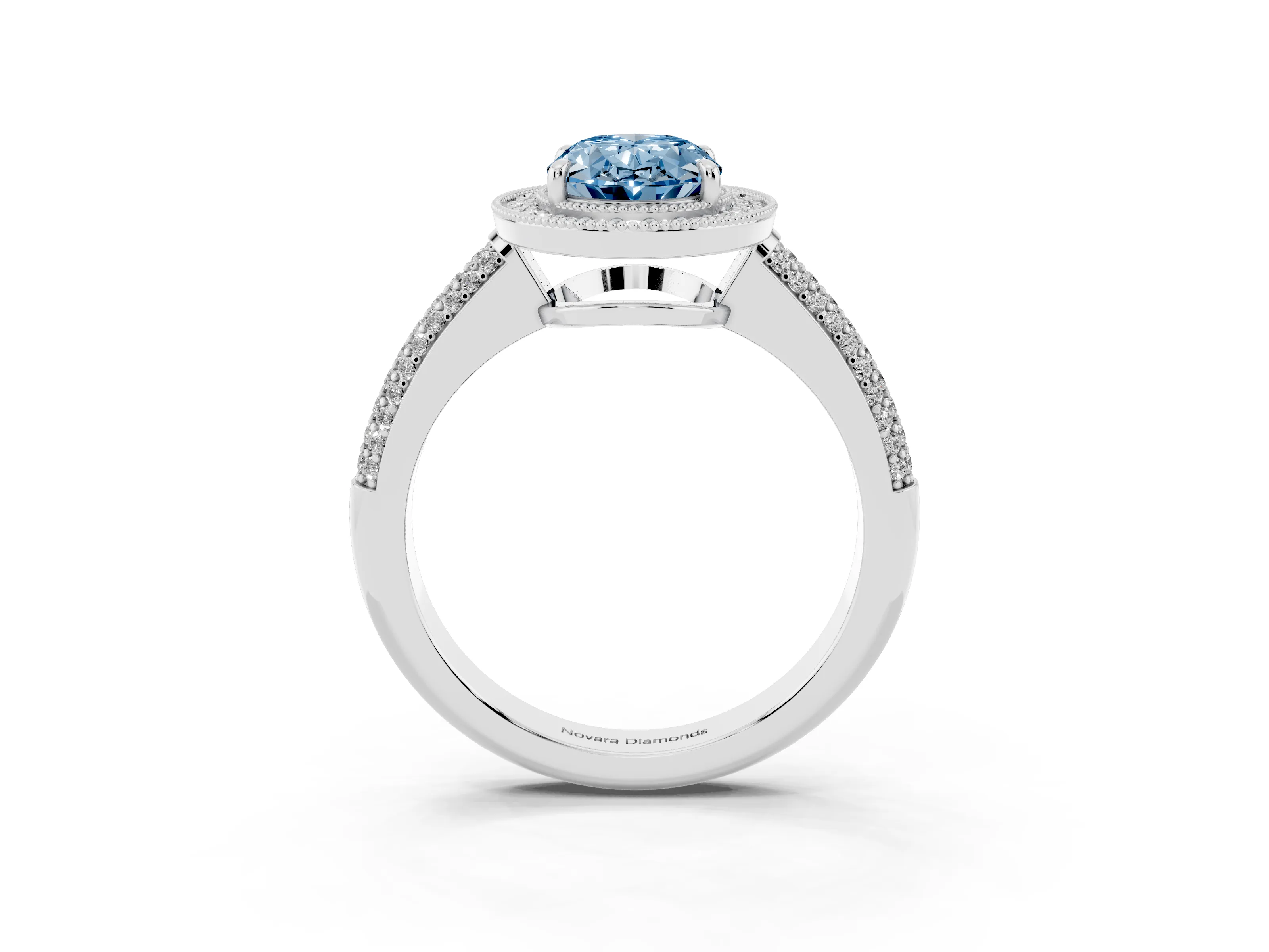 Fancy Blue Oval Cut Diamond Halo Pavé Band Set in Silver with Prong Setting