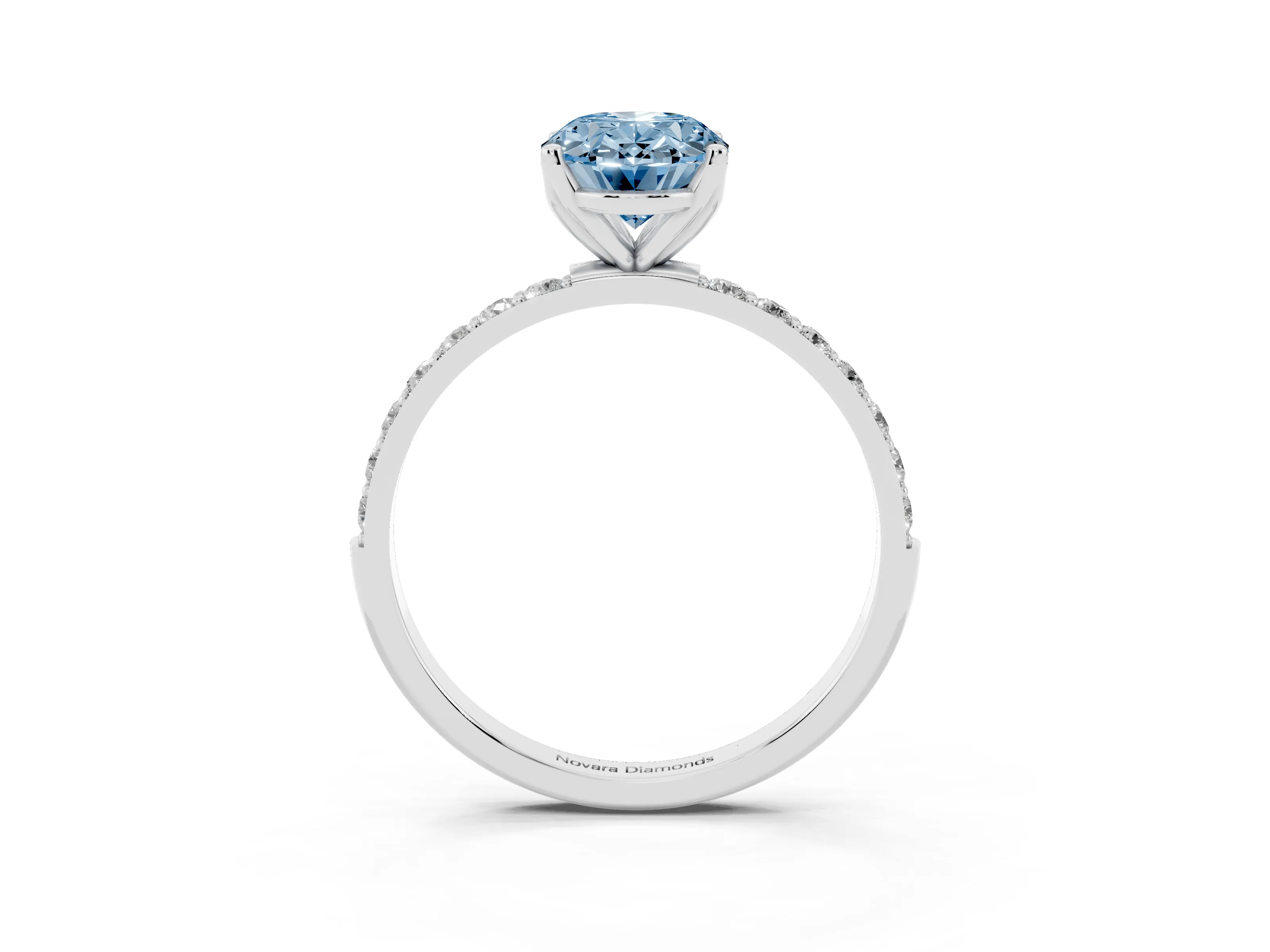 Fancy Blue Oval Cut Diamond Solitaire Engagement Ring Set in White gold with Round Pavé Band and Prong Setting