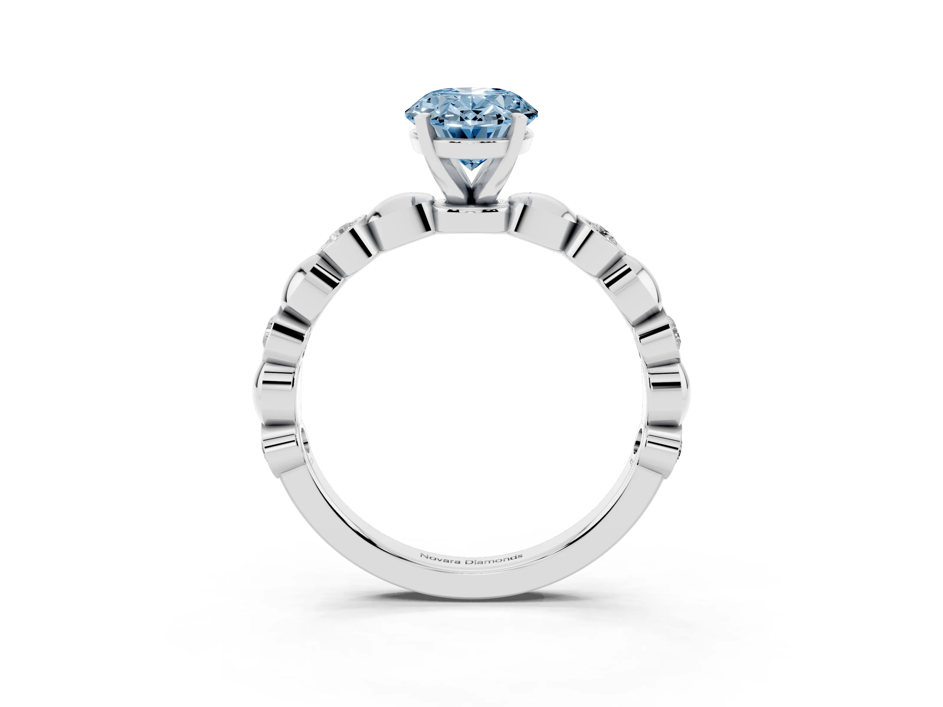 Fancy Blue Oval Cut Diamond Solitaire Ring Set in Platinum with Bezel-Set Accents on Beaded Band and Prong Setting