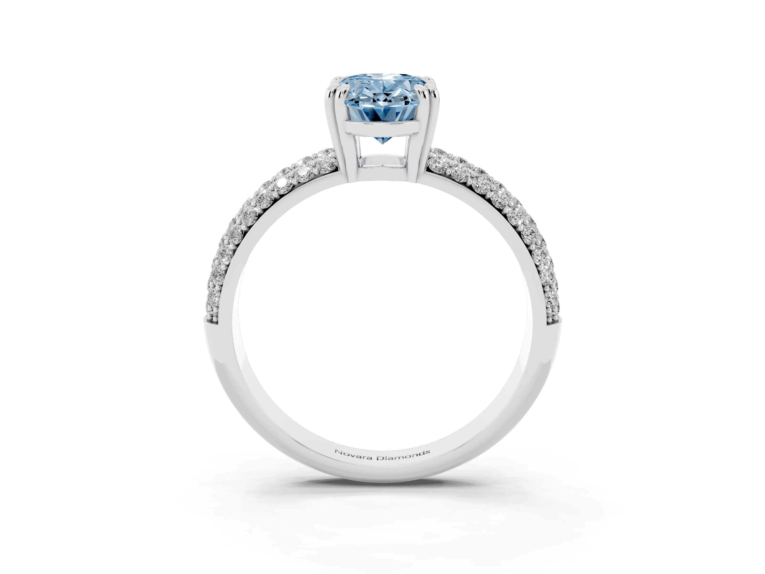 Fancy Blue Oval Cut Diamond Solitaire Ring Set in White gold with Multi-Row Round Pavé Band and Prong Setting