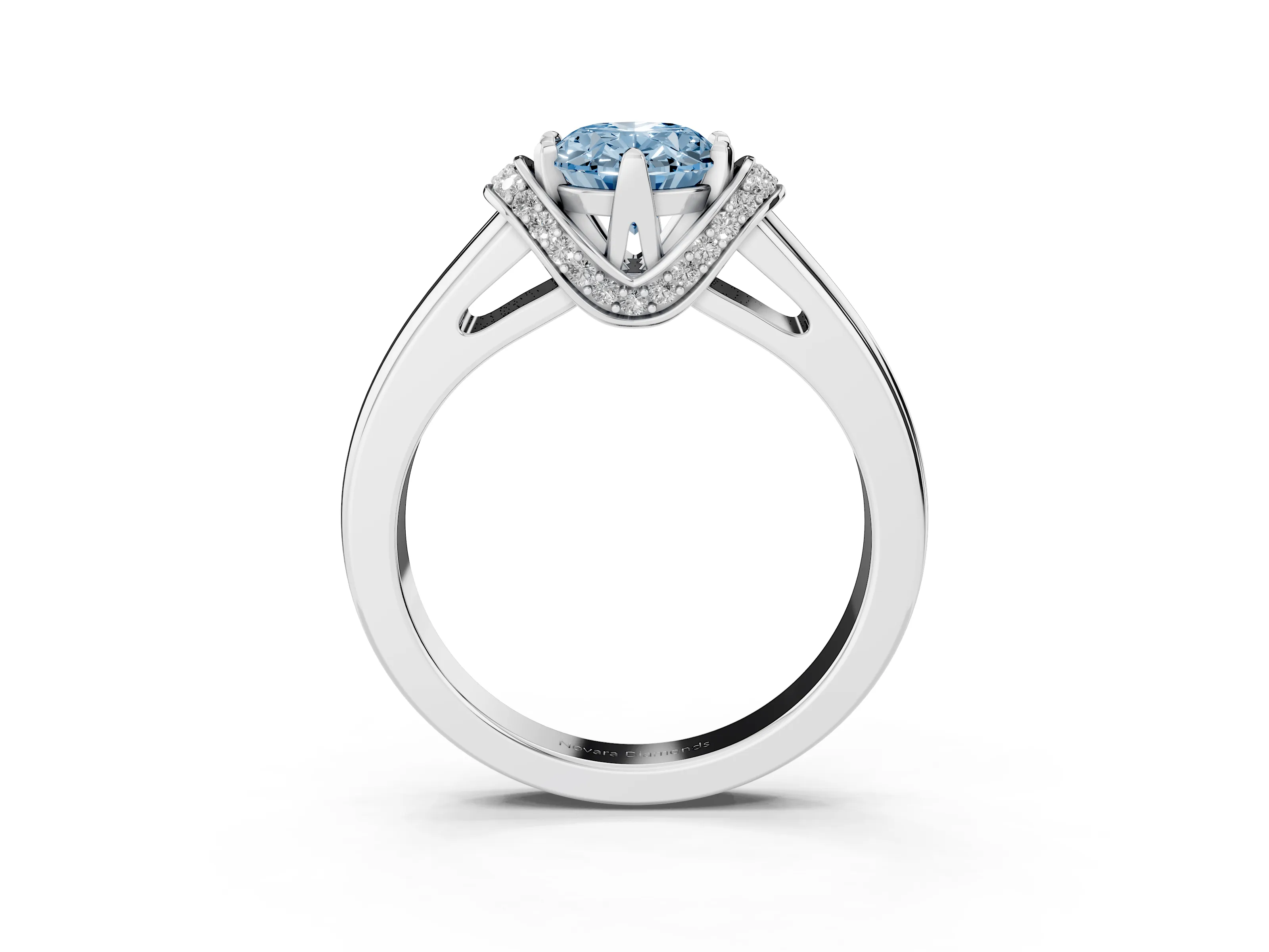 Fancy Blue Oval Cut Diamond Pavé Band Solitaire Ring Set in Platinum with Prong Setting