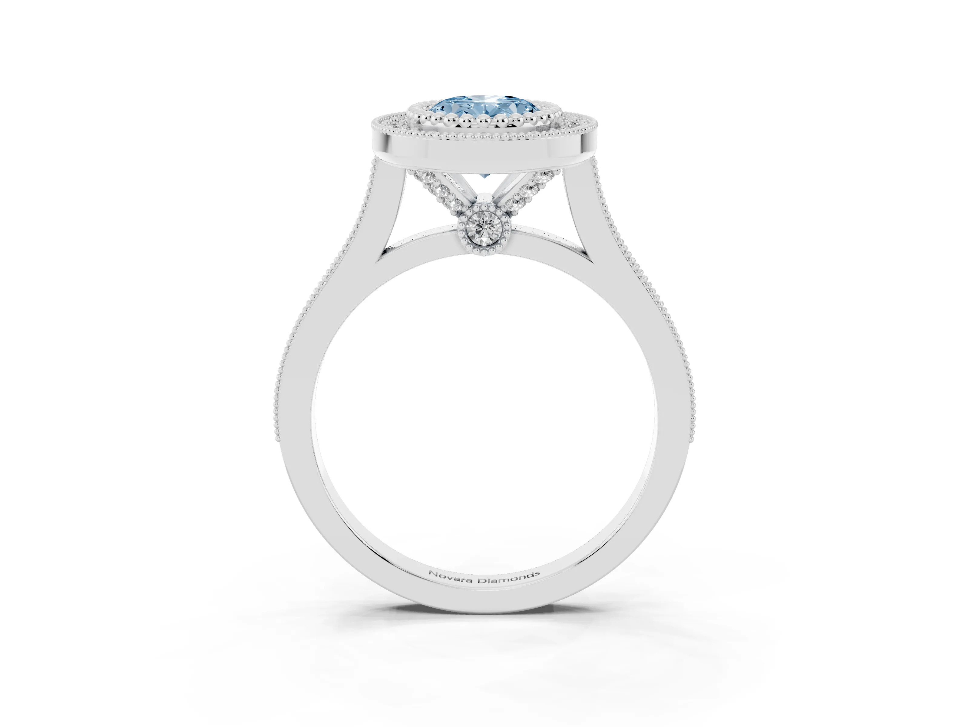 Fancy Blue Oval Cut Diamond Halo Ring Set in White gold with Milgrain Frame and Pavé Band