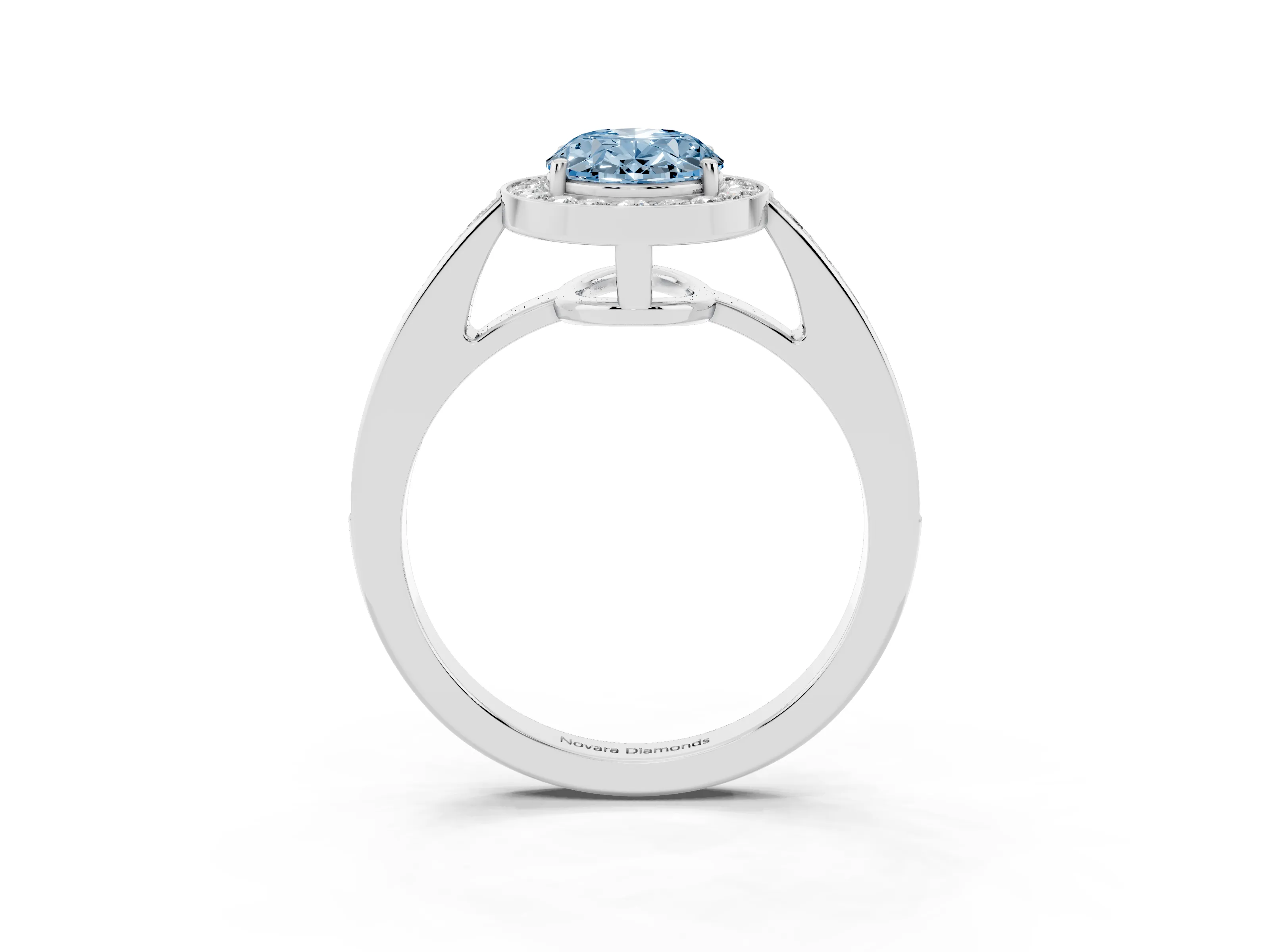 Fancy Blue Oval Cut Diamond Halo Pavé Engagement Ring Set in White gold with Bezel Setting