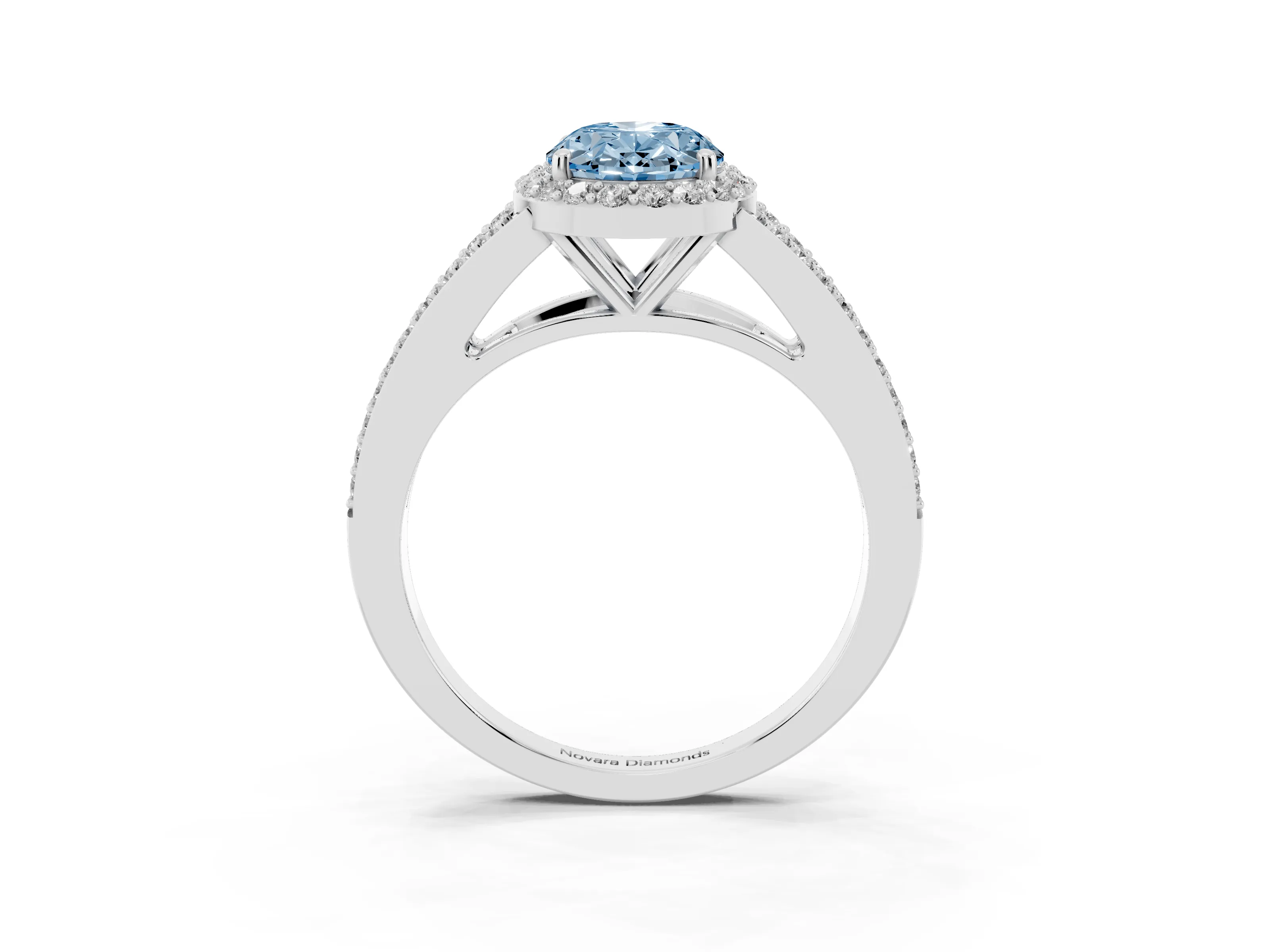 Fancy Blue Oval Cut Diamond Halo Split Shank Ring Set in White gold with Accent Stones and Prong Setting