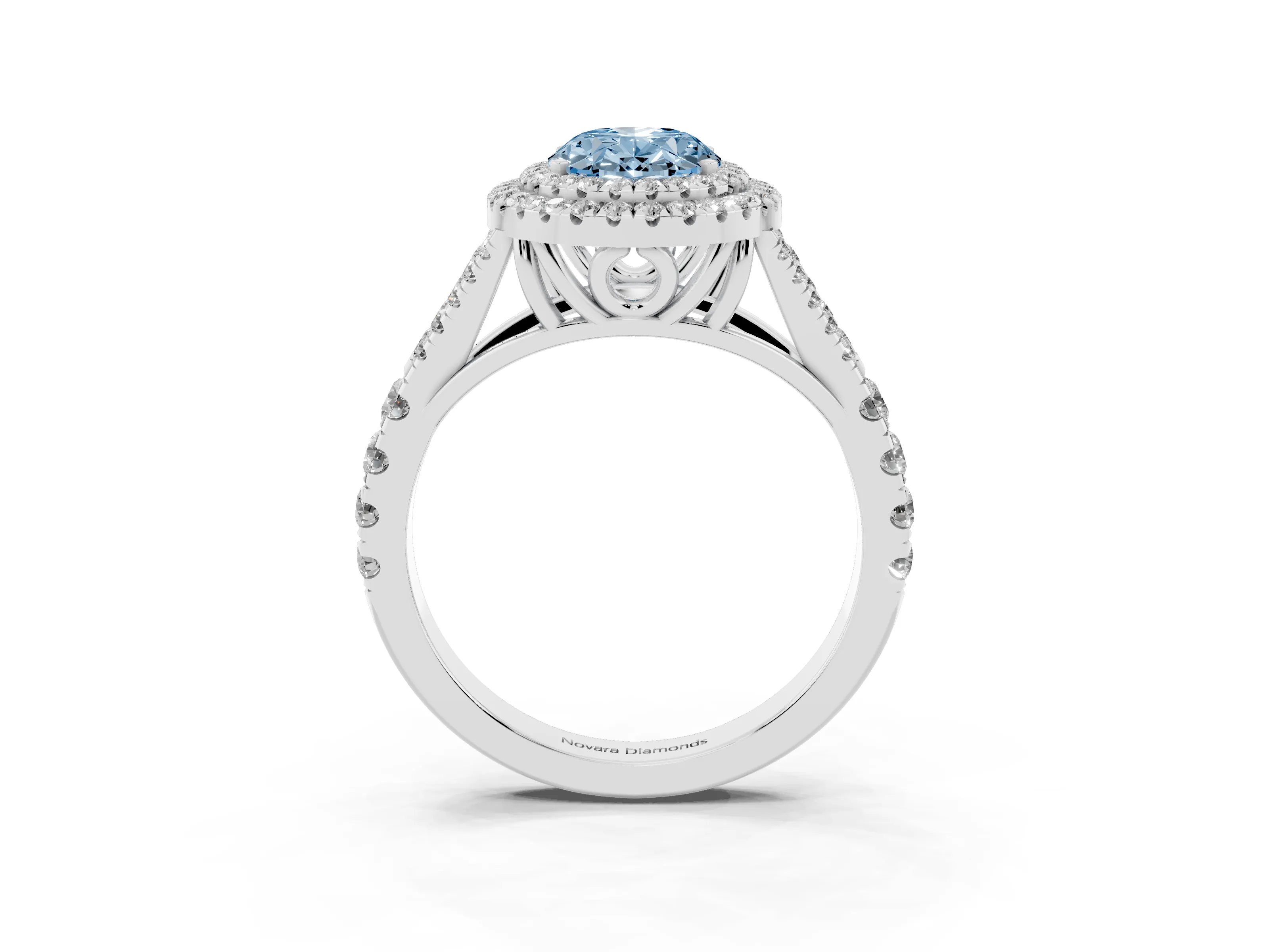 Fancy Blue Oval Cut Diamond Pavé Split Shank Double Halo Engagement Ring Set in Silver
