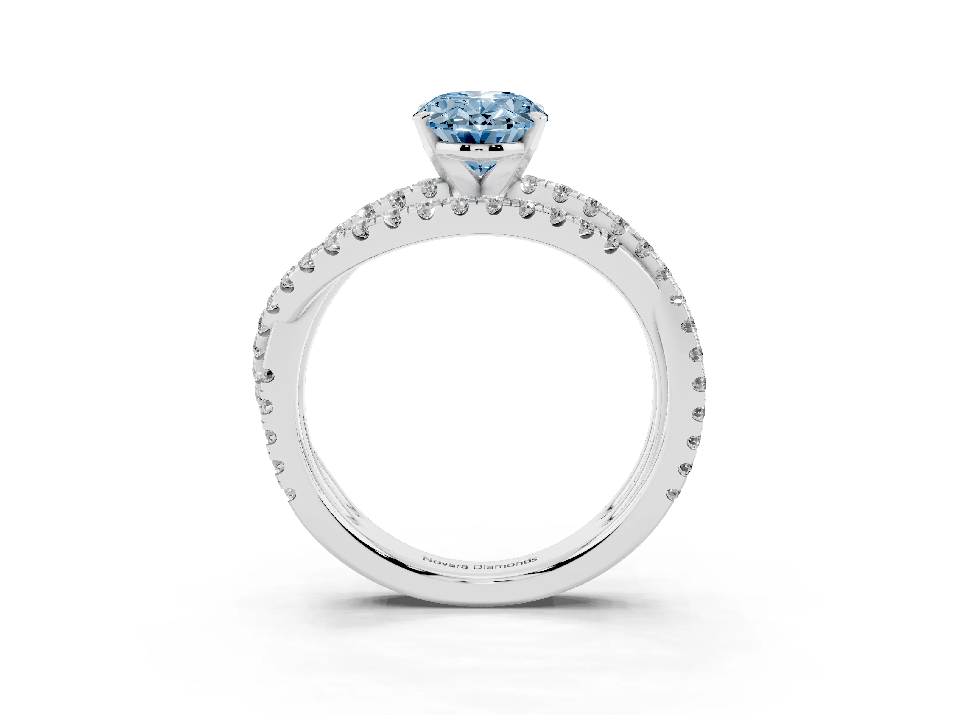 Fancy Blue Oval Cut Diamond Solitaire Twist Band Ring Set in Platinum with Pavé Setting and Prong Head