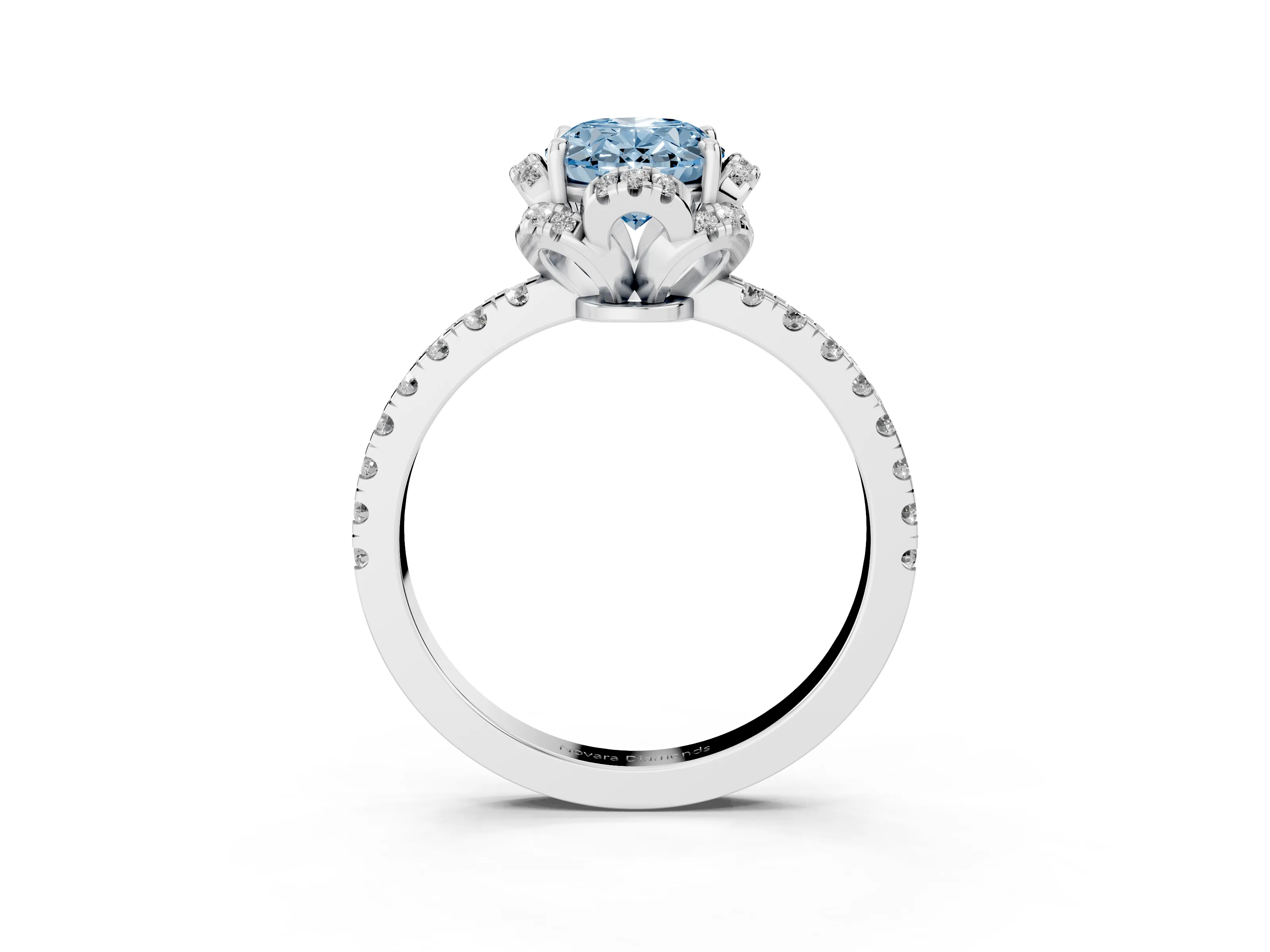 Fancy Blue Oval Cut Diamond Halo Pavé Band Ring Set in Silver with Prong-Held Center
