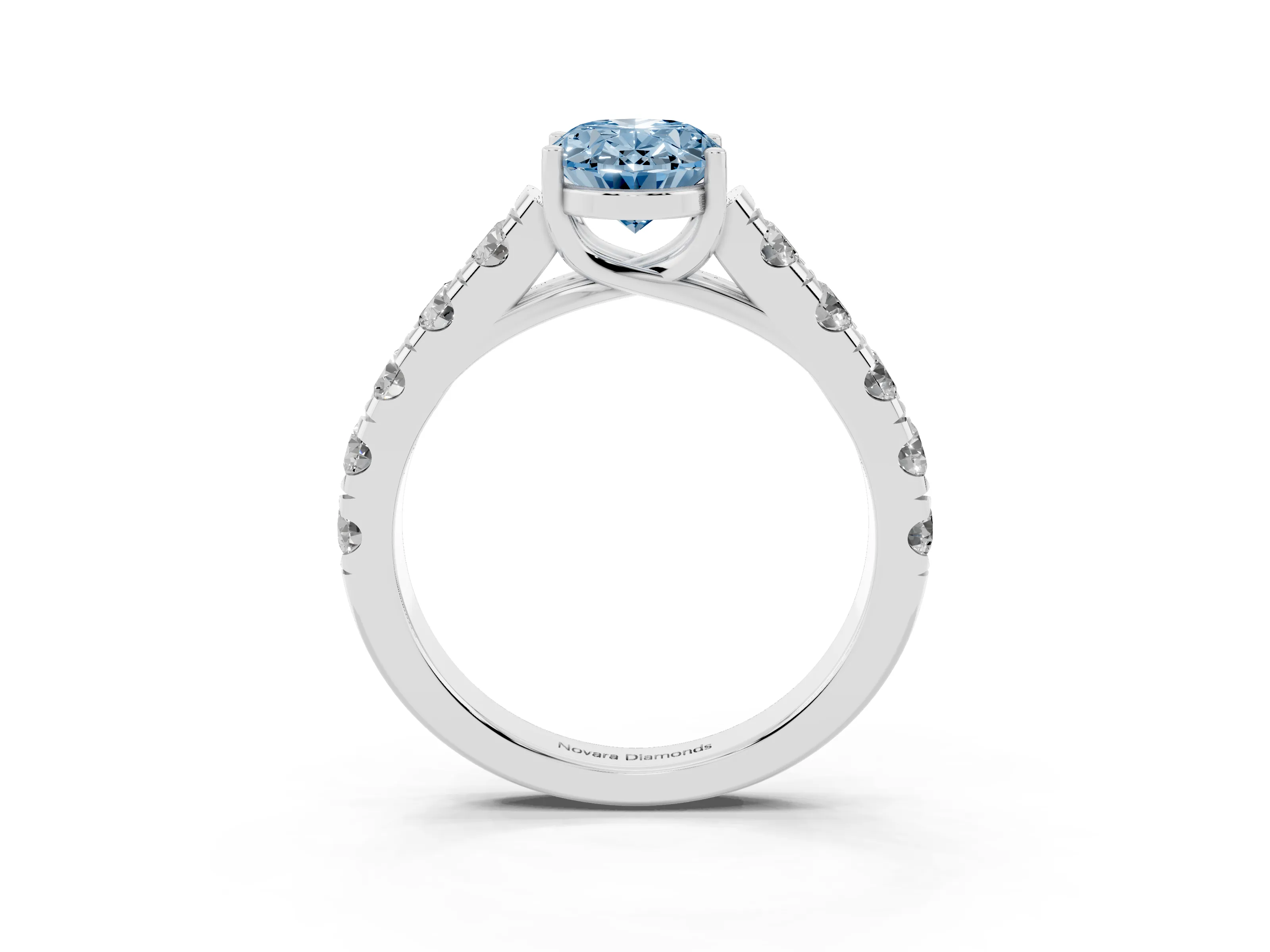 Fancy Blue Oval Cut Diamond Solitaire Ring Set in Silver with Cut-Down Micro Pavé Band and Prong Setting