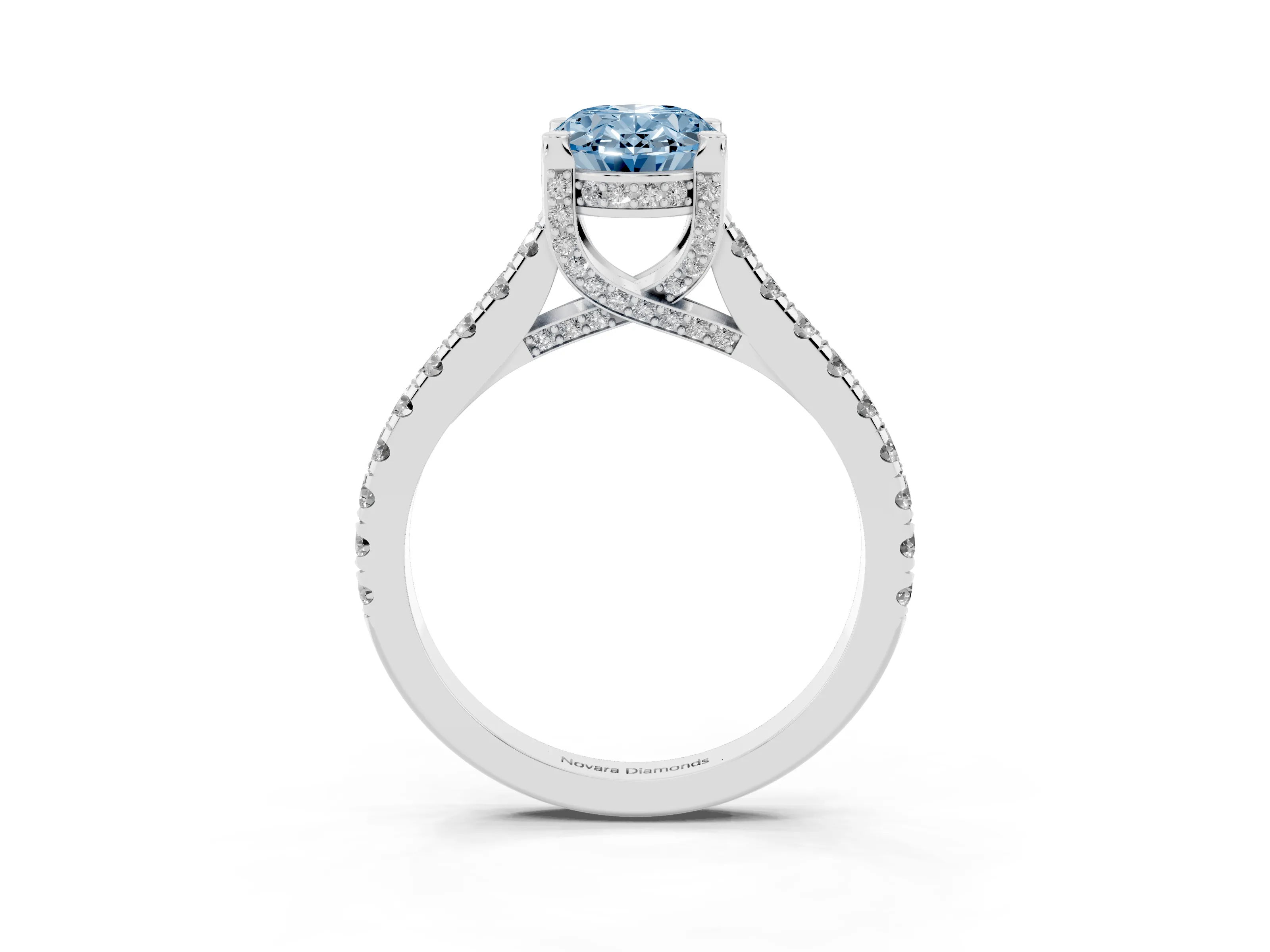 Fancy Blue Oval Cut Diamond Solitaire Ring Set in Silver with Brilliant Pavé Band and Prong Setting