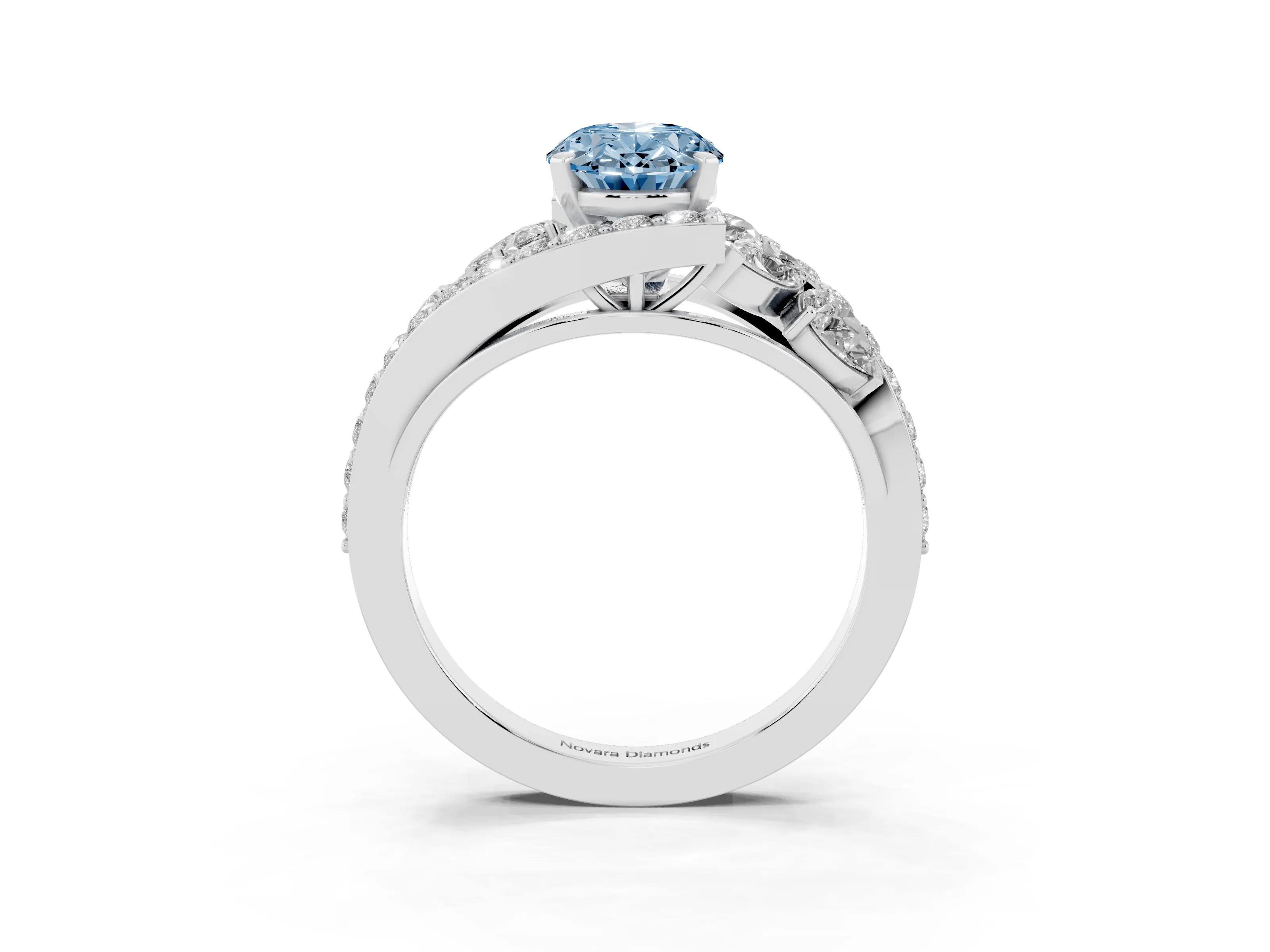 Fancy Blue Oval Cut Diamond Halo Ring Set in White gold with Marquise and Pavé Band in Prong Setting