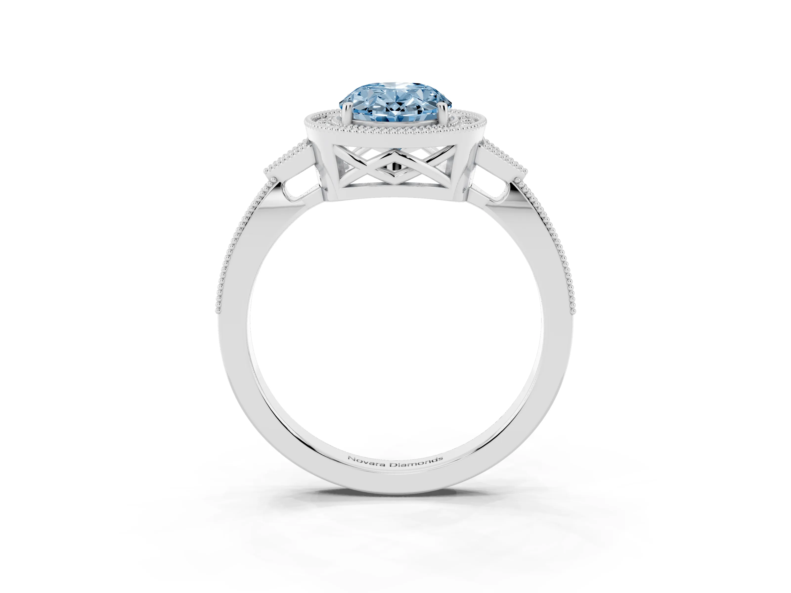 Fancy Blue Oval Cut Diamond Halo Engagement Ring Set in White gold with Milgrain Pavé Band