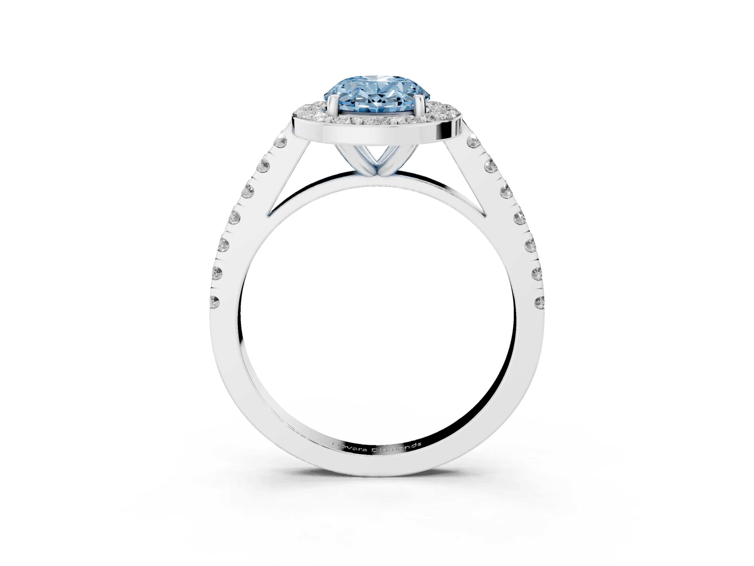 Fancy Blue Oval Cut Diamond Halo Ring Set in Silver with Round Pavé Split Shank and Prong Setting
