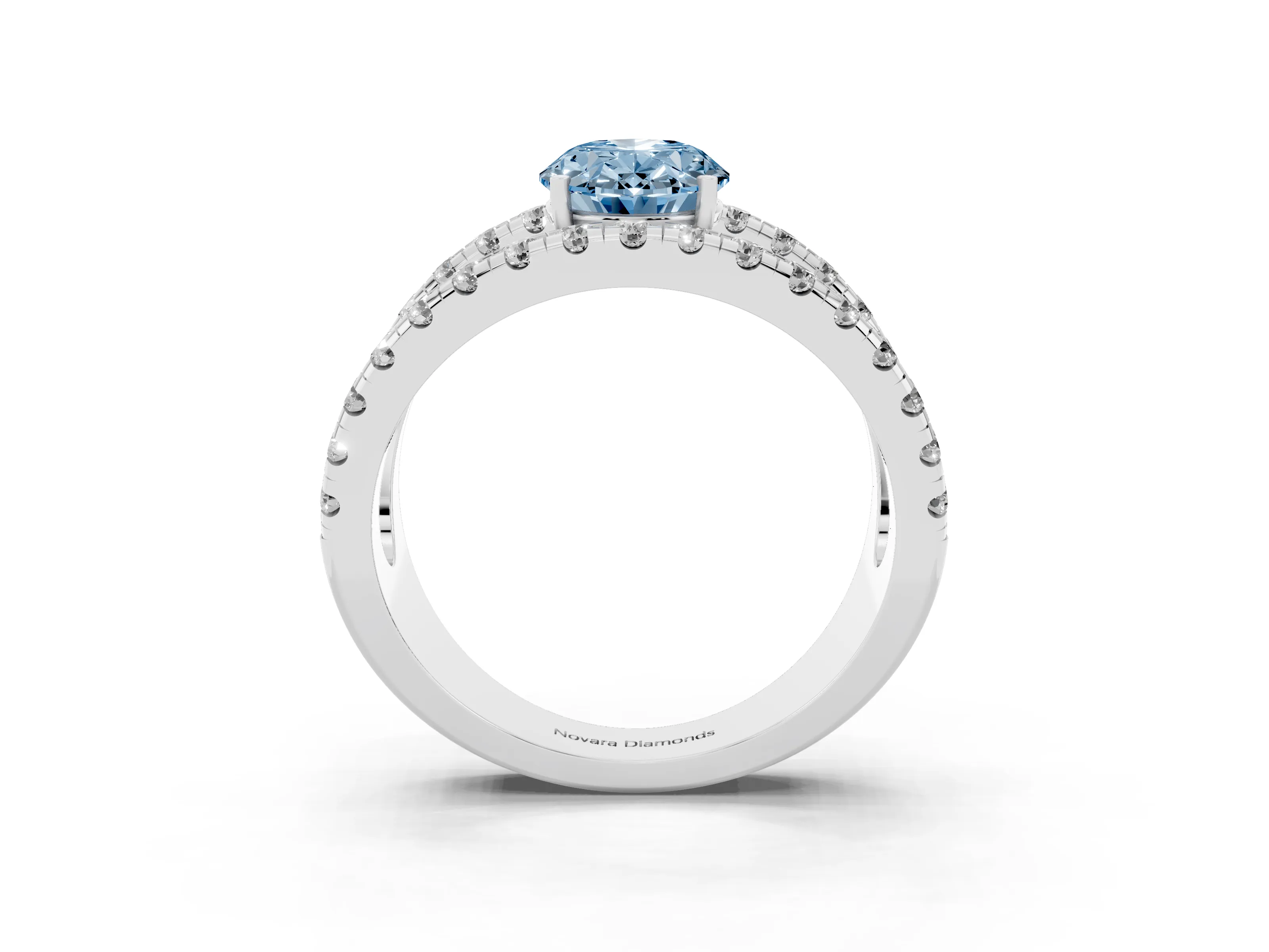 Fancy Blue Oval Cut Diamond Split Shank Pavé Solitaire Ring Set in Silver with Open Shank Design