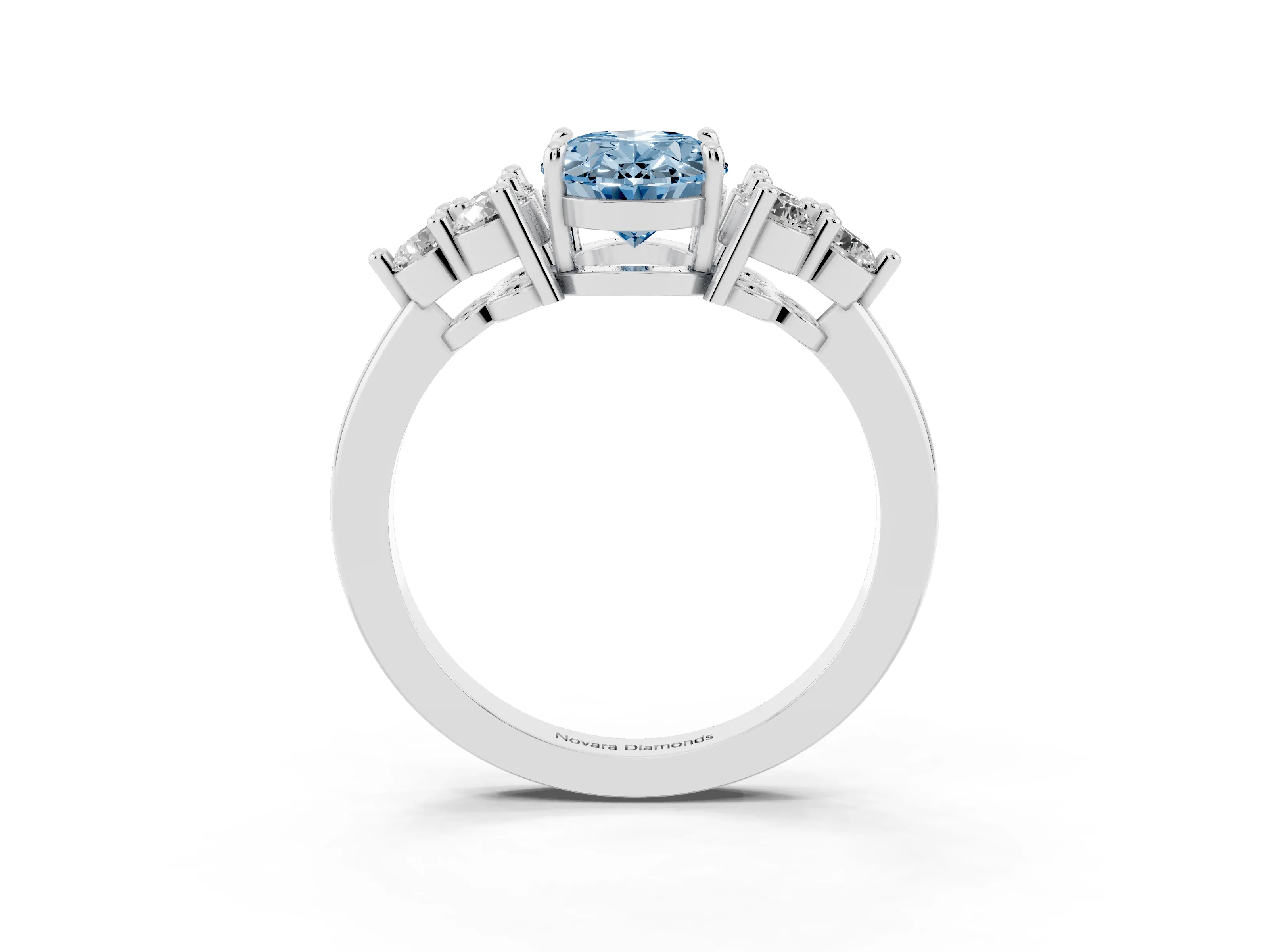 Fancy Blue Oval Cut Diamond Solitaire Ring Set in Platinum with Cluster Accents on Each Side