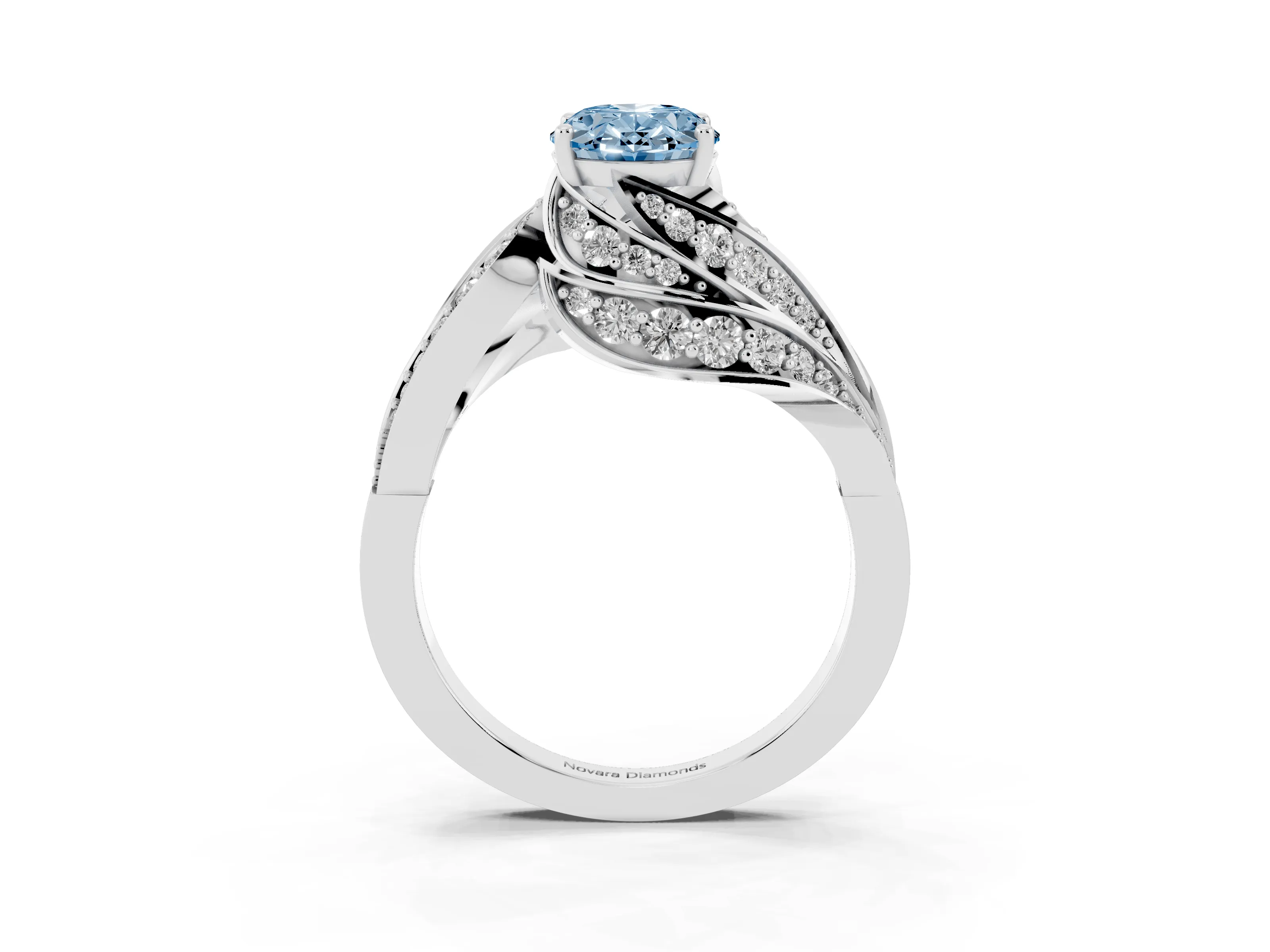 Fancy Blue Oval Cut Diamond Solitaire Ring Set in Silver with Layered Twist Pavé Band