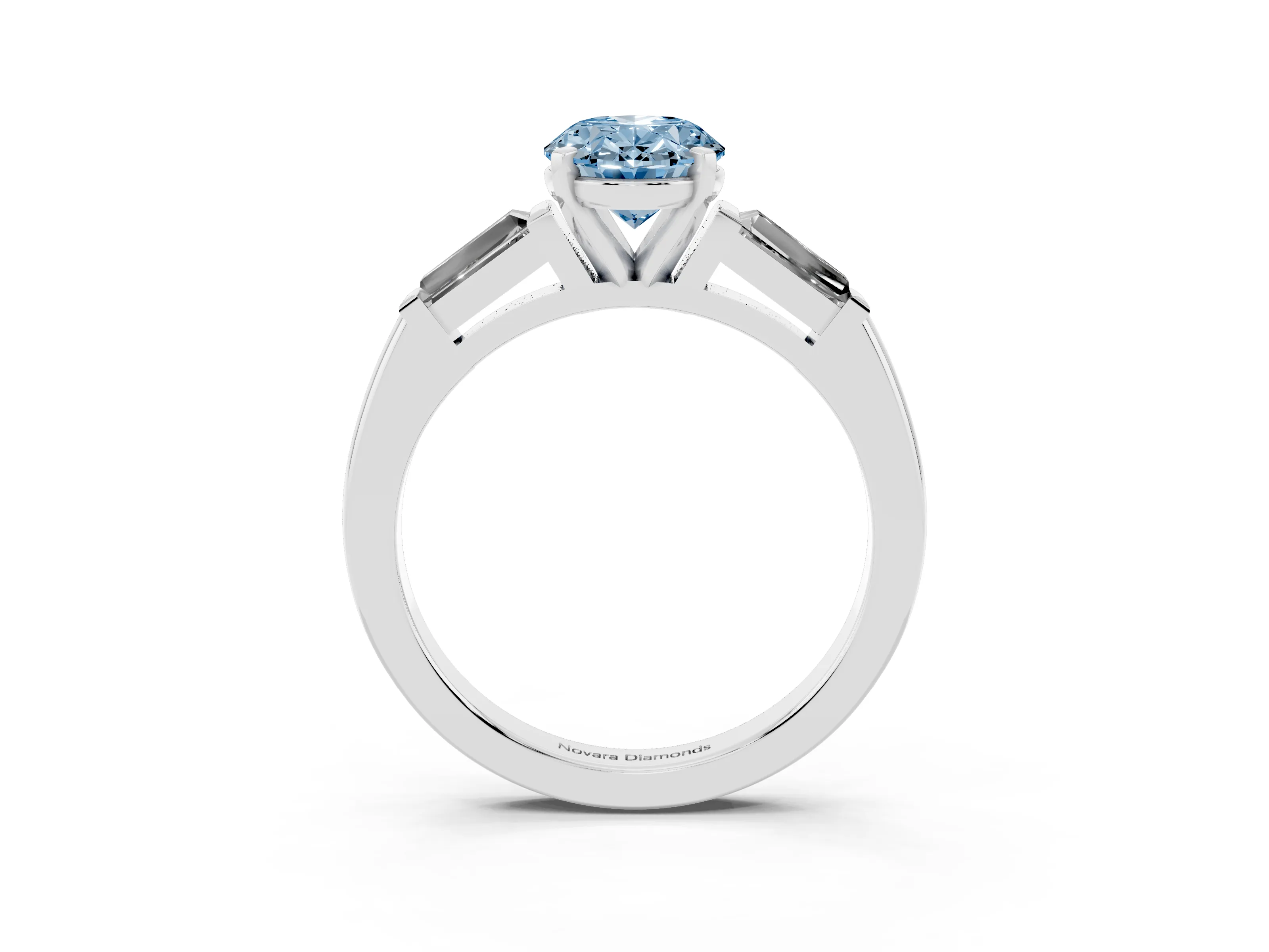 Fancy Blue Oval Cut Diamond Solitaire Ring Set in White gold with Tapered Baguette Side Stones and Prong Setting