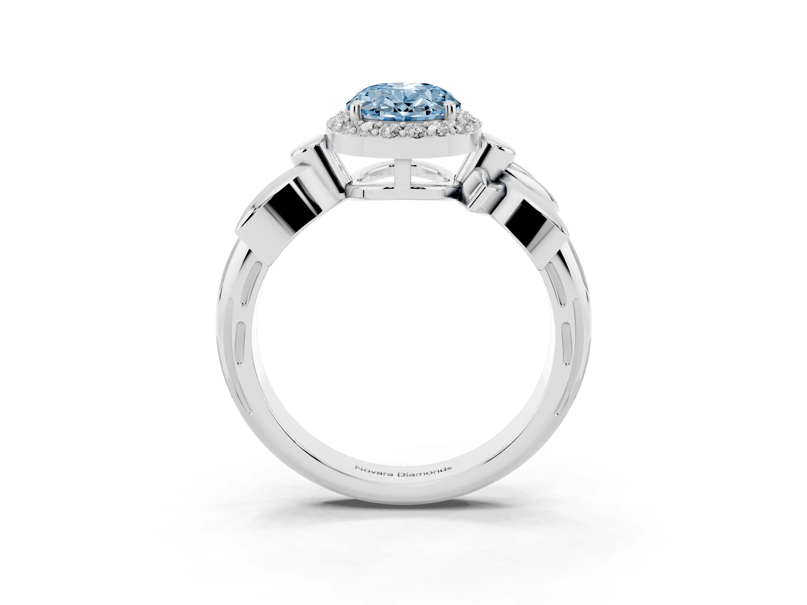 Fancy Blue Oval Cut Diamond Halo Floral Band Ring Set in Platinum with Prong Setting