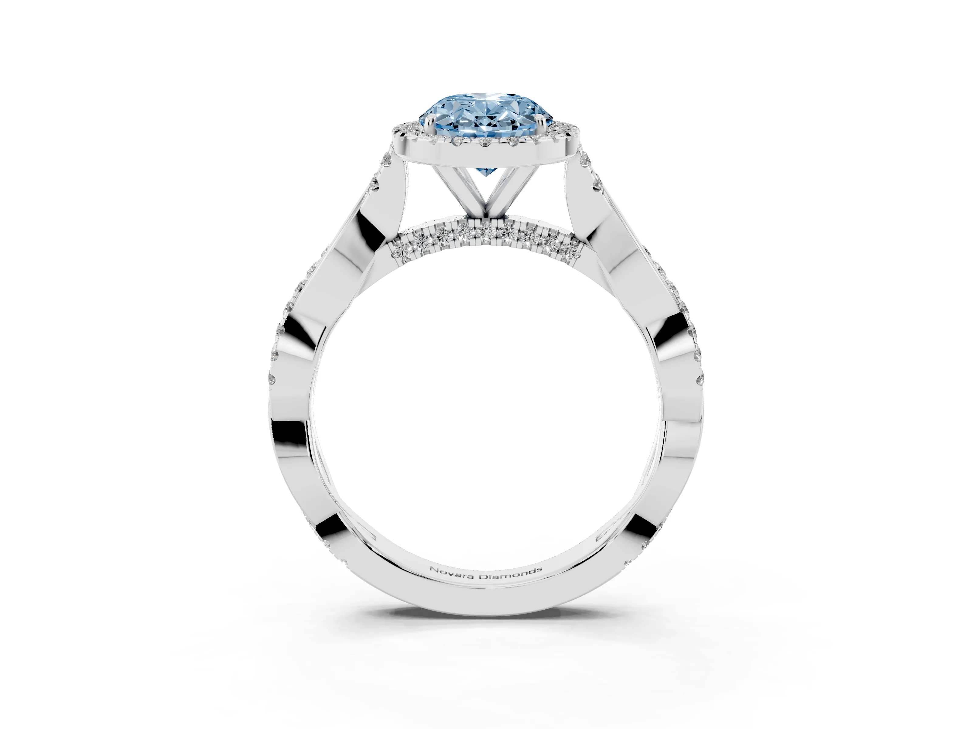 Fancy Blue Oval Cut Diamond Halo Twist Band Solitaire Ring Set in Silver with Prong Setting