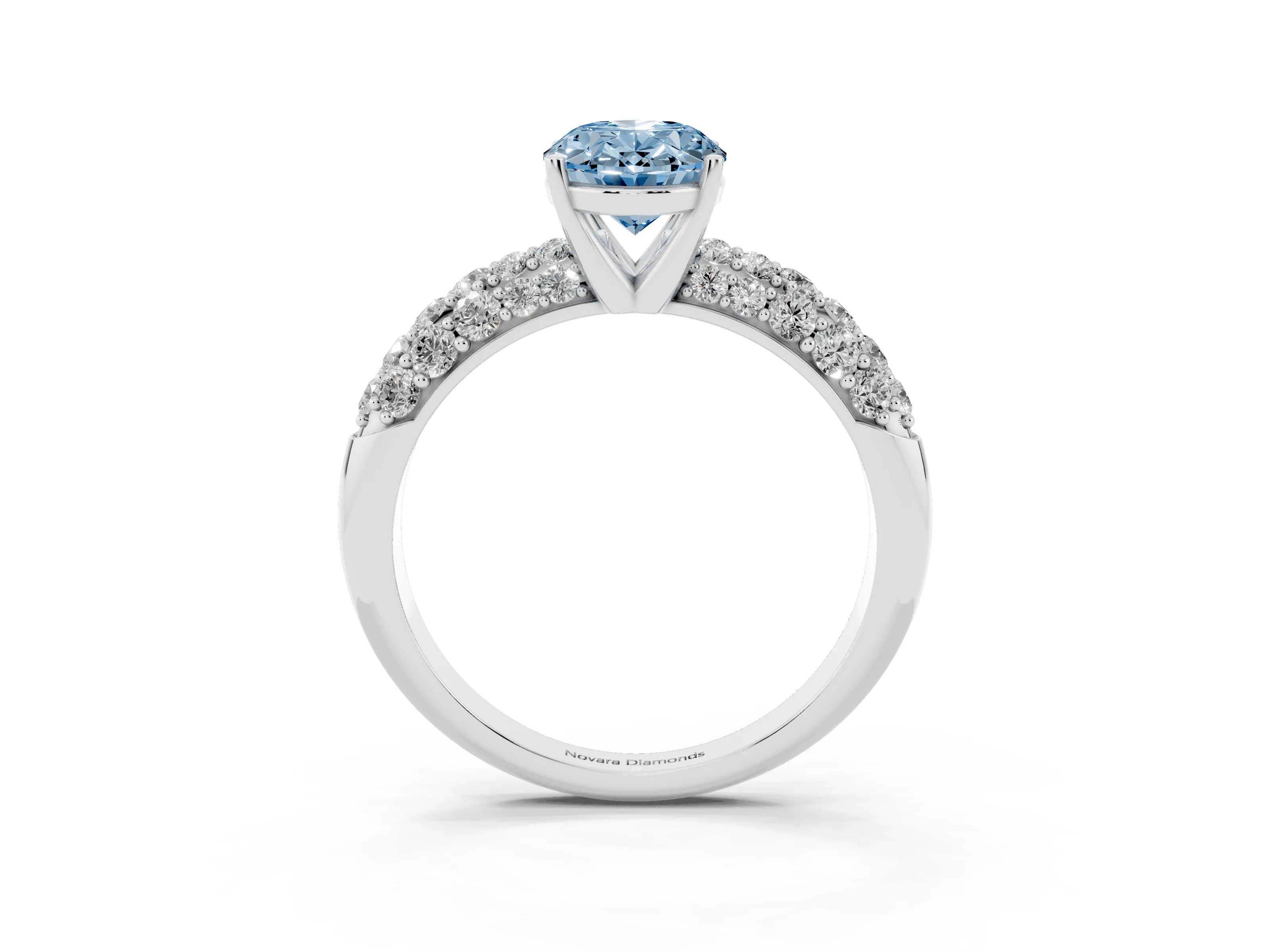 Fancy Blue Oval Cut Diamond Pavé Band Solitaire Ring Set in Platinum with Close-Set Accent Stones and Prong Setting