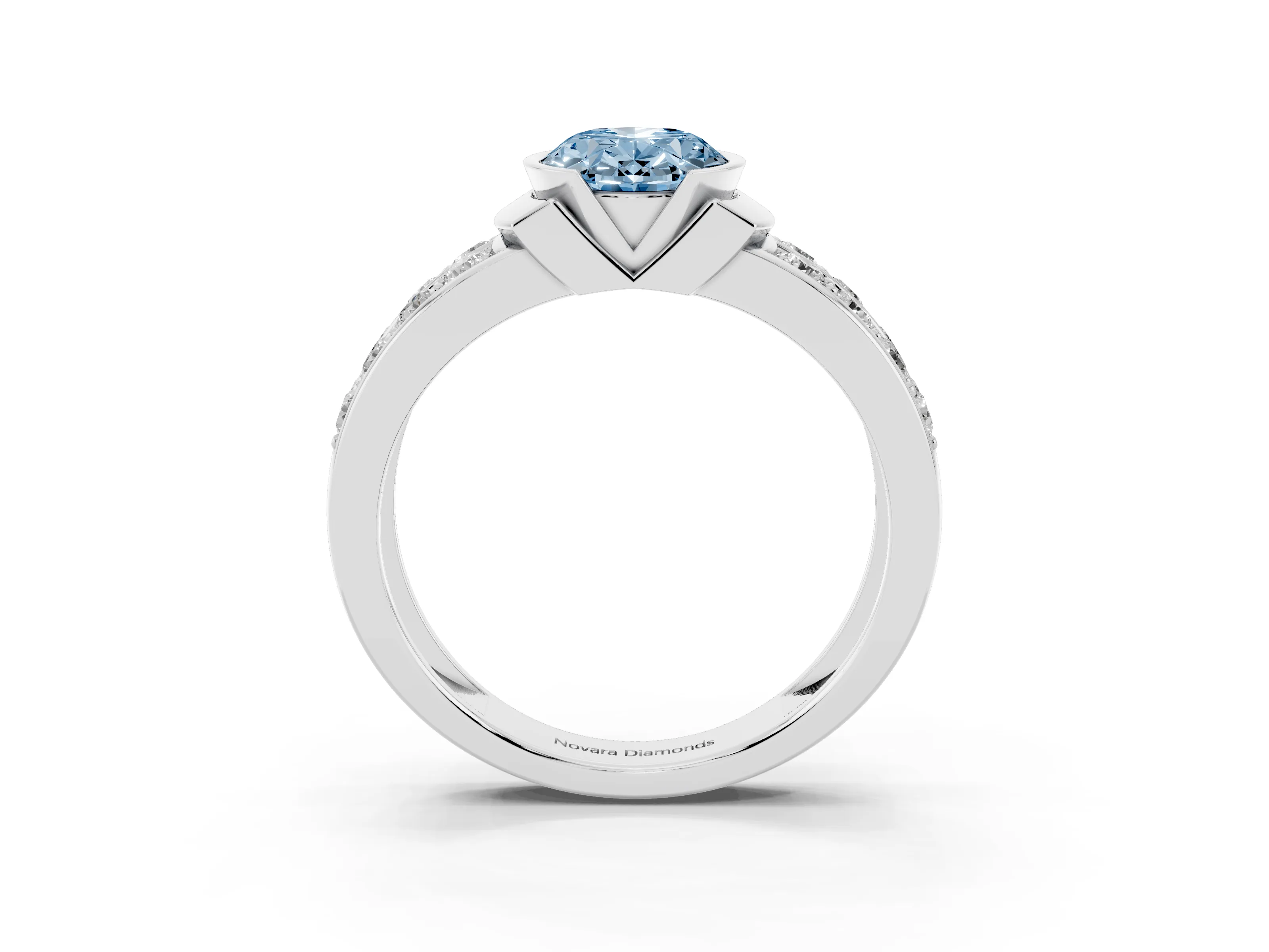Fancy Blue Oval Cut Diamond Wide Channel Set Band Ring Set in White gold with Bezel Setting