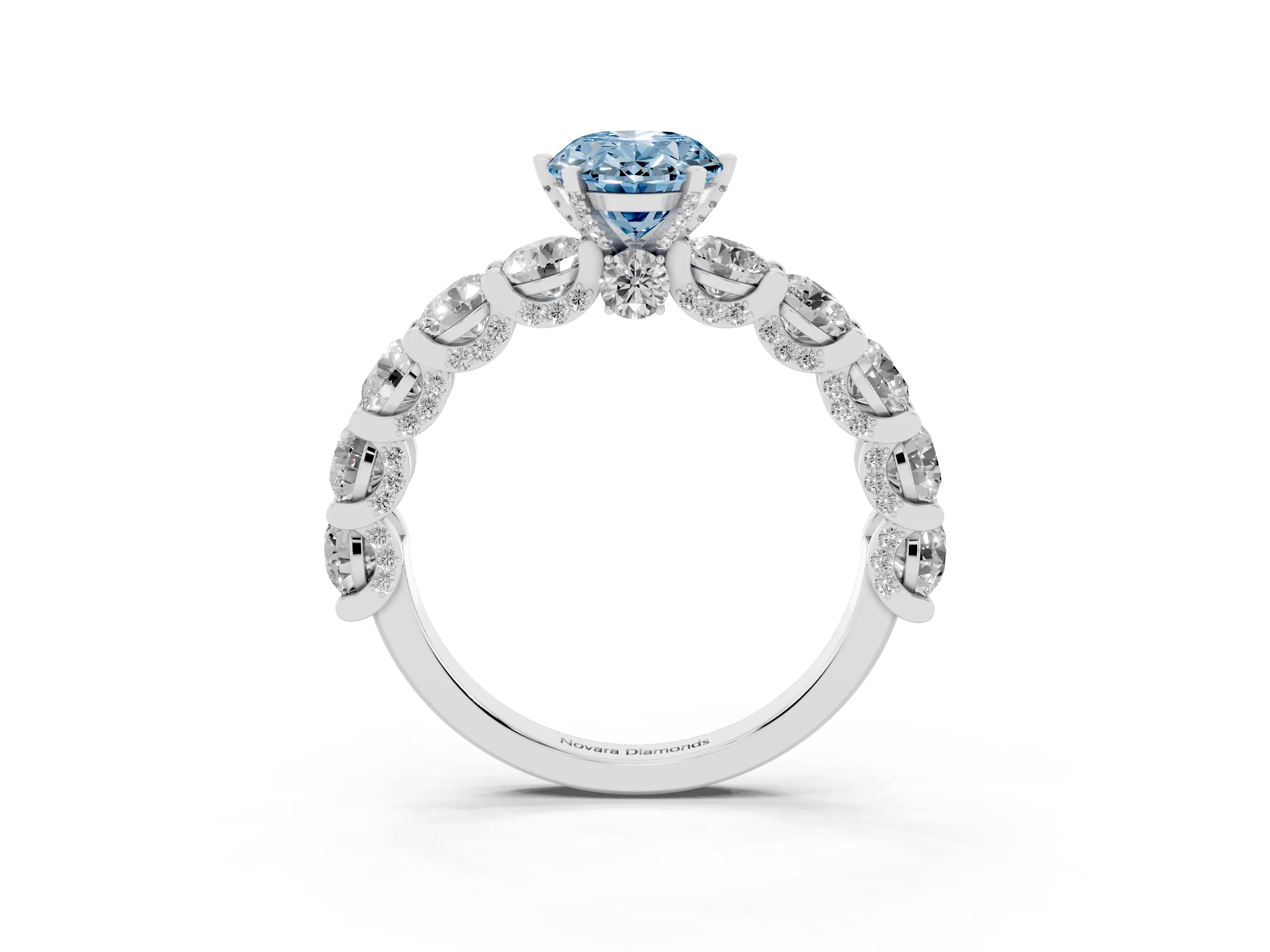 Fancy Blue Oval Cut Diamond Side Stone Ring Set in White gold with Alternating Round and Oval Side Stones