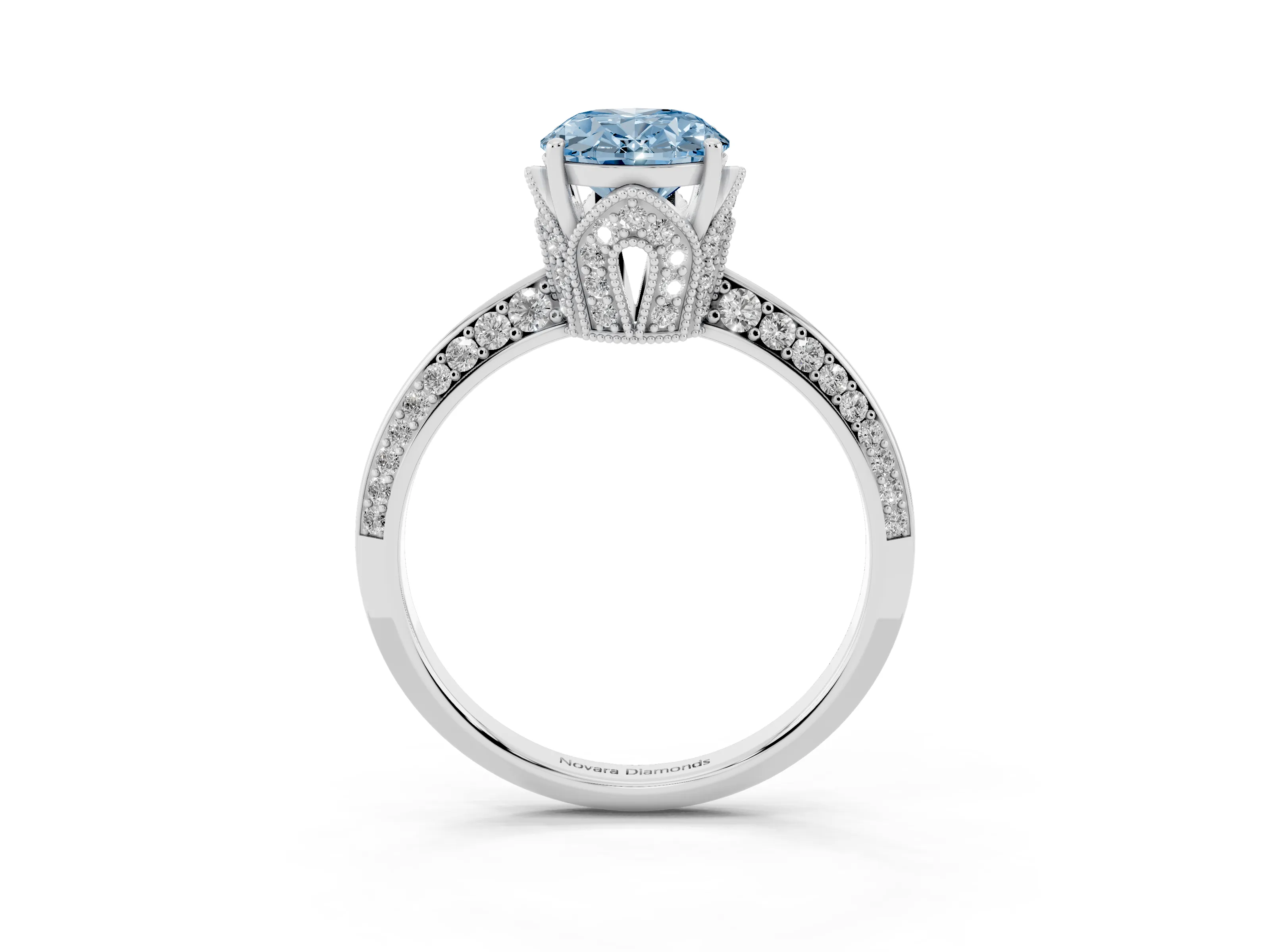 Fancy Blue Oval Cut Diamond Solitaire Engagement Ring Set in Silver with Pavé Split Shank and Prong Setting